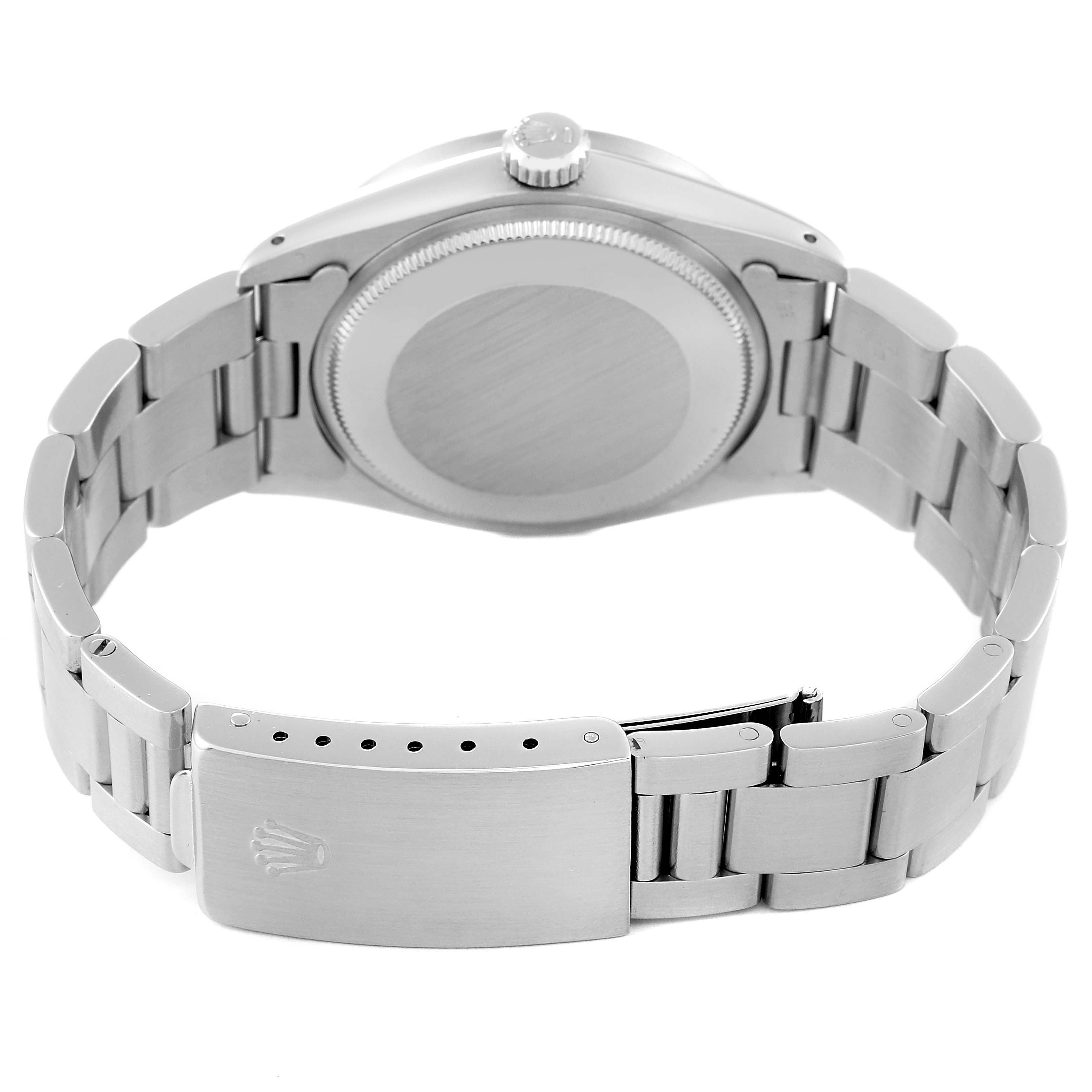 The image shows the back side and clasp of a Rolex Date 1501 Men's Stainless Steel Silver Dial 1501 Men's Stainless Steel Silver Dial model watch, highlighting the bracelet and case back.