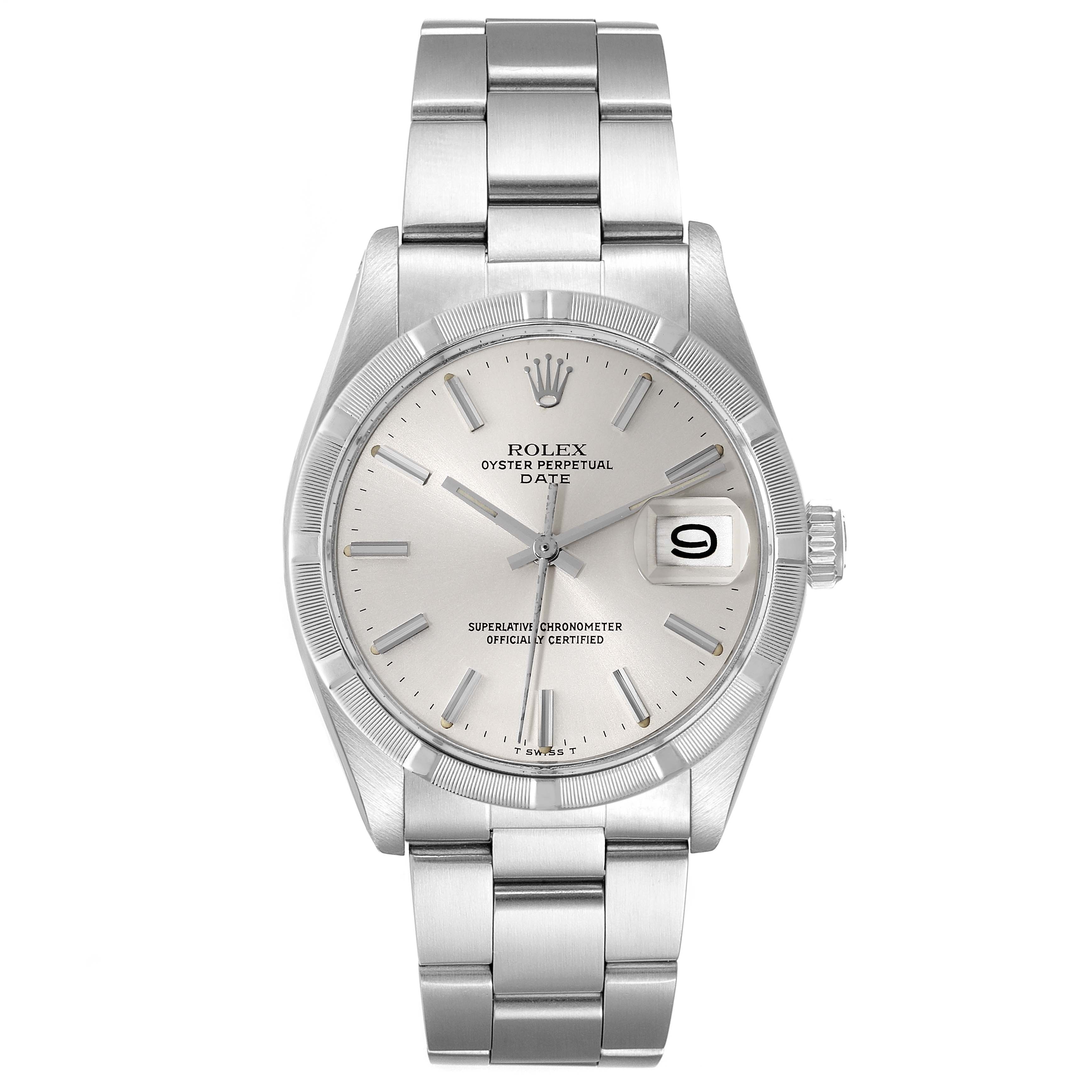 This image shows a Rolex Date 1501 Men's Stainless Steel Silver Dial 1501 Men's Stainless Steel Silver Dial model watch, captured from the front angle displaying the face, bezel, and bracelet.
