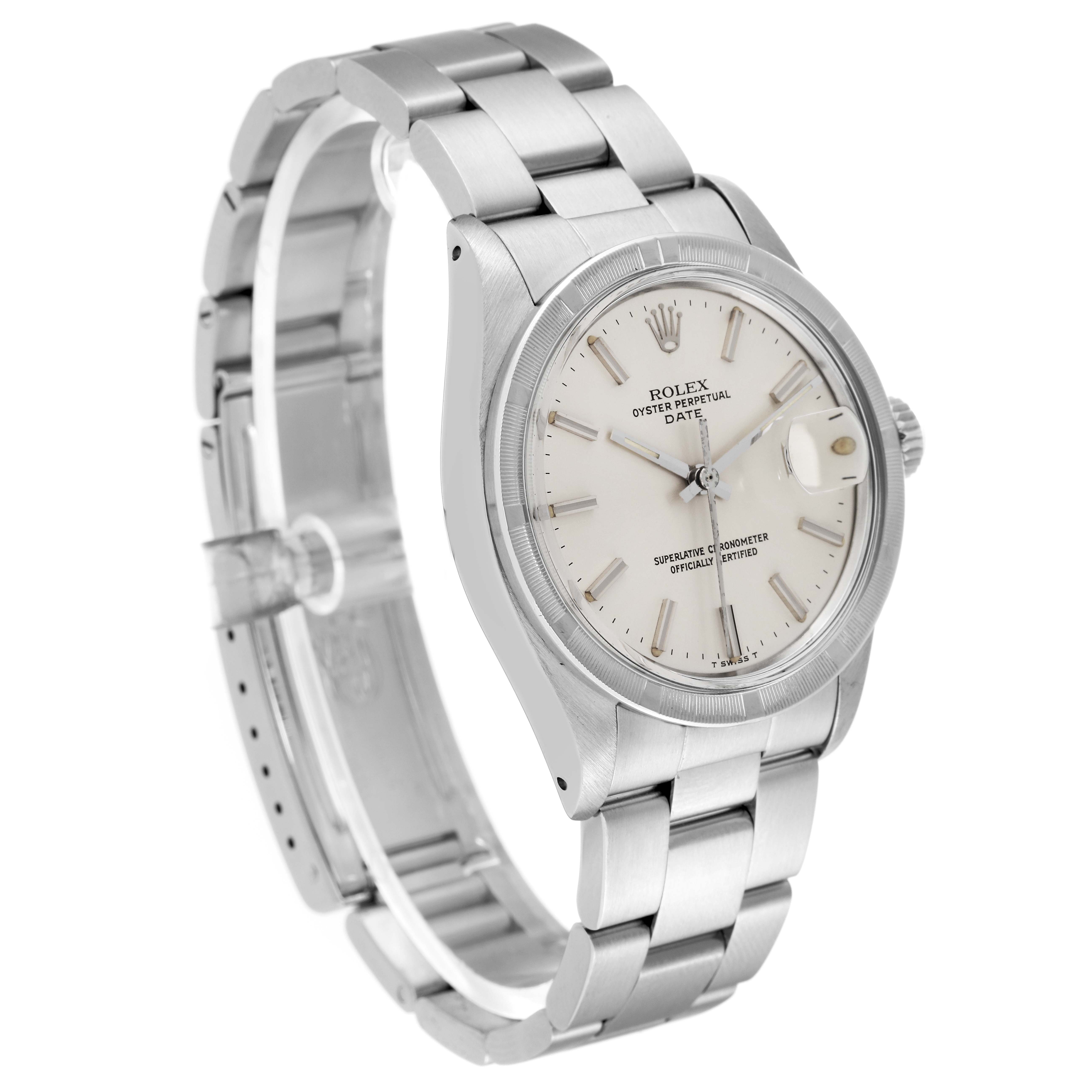 The image shows a Rolex Date 1501 Men's Stainless Steel Silver Dial 1501 Men's Stainless Steel Silver Dial model watch from an angled side view, highlighting its face, bezel, and bracelet.