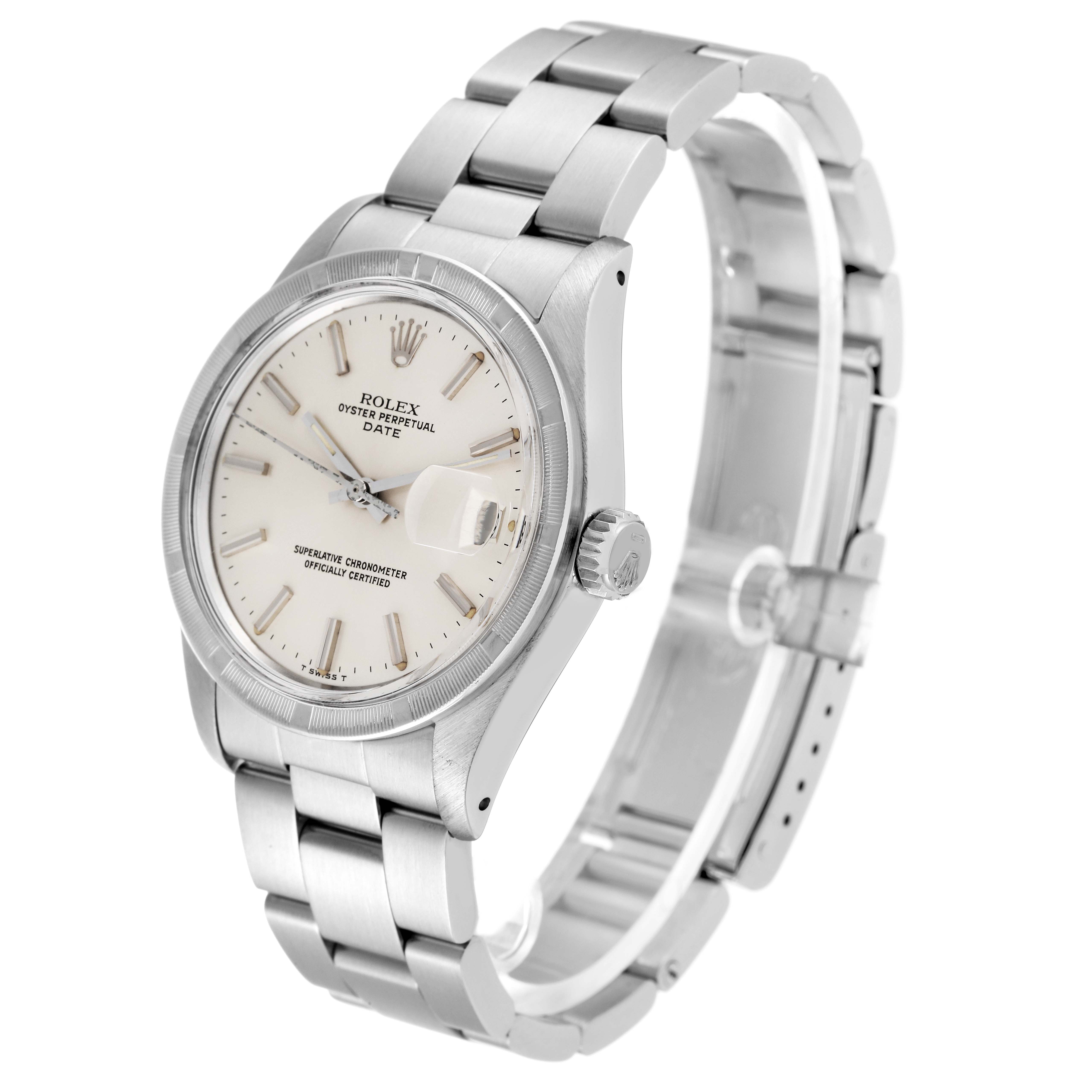 The image shows a side angle of a Rolex Date 1501 Men's Stainless Steel Silver Dial 1501 Men's Stainless Steel Silver Dial model, highlighting its dial, bezel, crown, and bracelet.