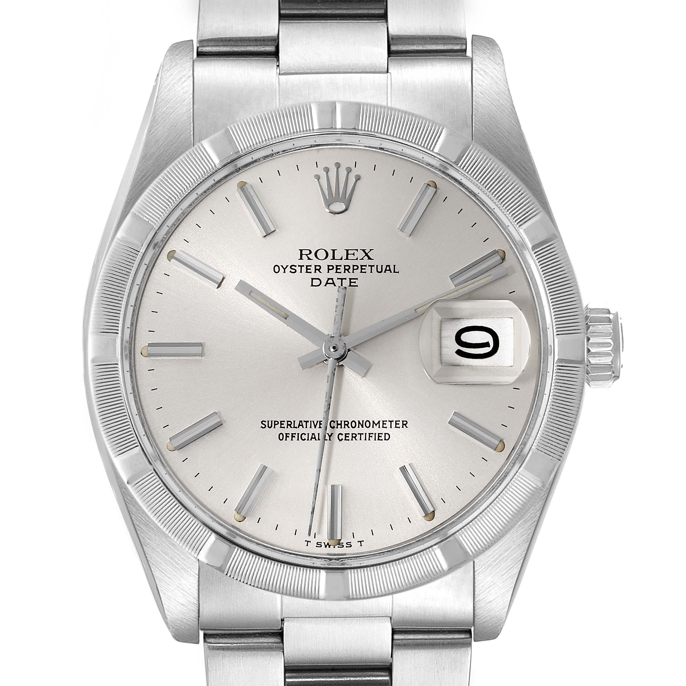 This Rolex Date 1501 Men's Stainless Steel Silver Dial 1501 Men's Stainless Steel Silver Dial model watch is shown from a top-down angle, displaying the face, bezel, crown, and part of the bracelet.