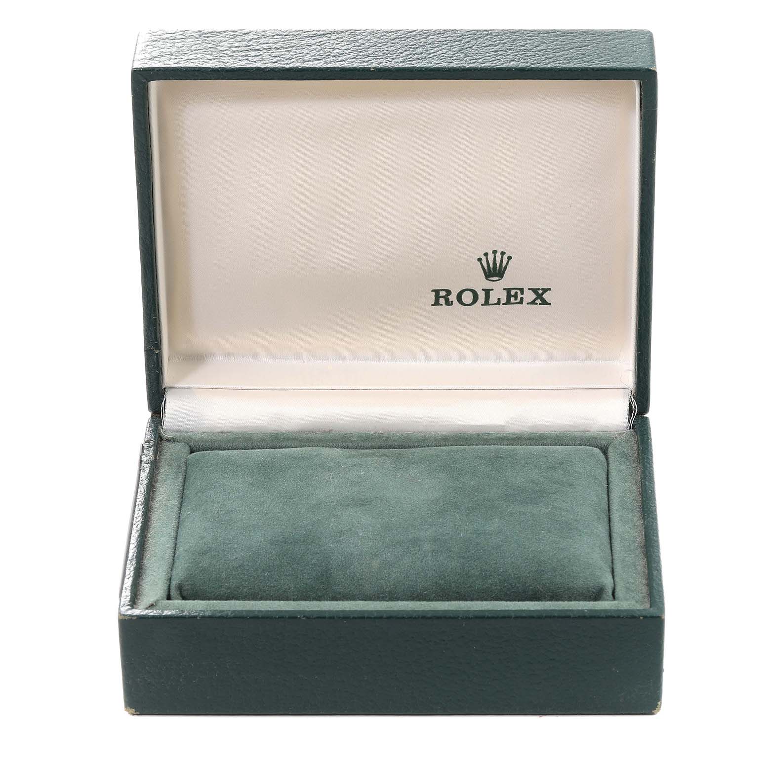 This image shows an open Rolex watch box, likely for a Date model, with green interior and branding visible.