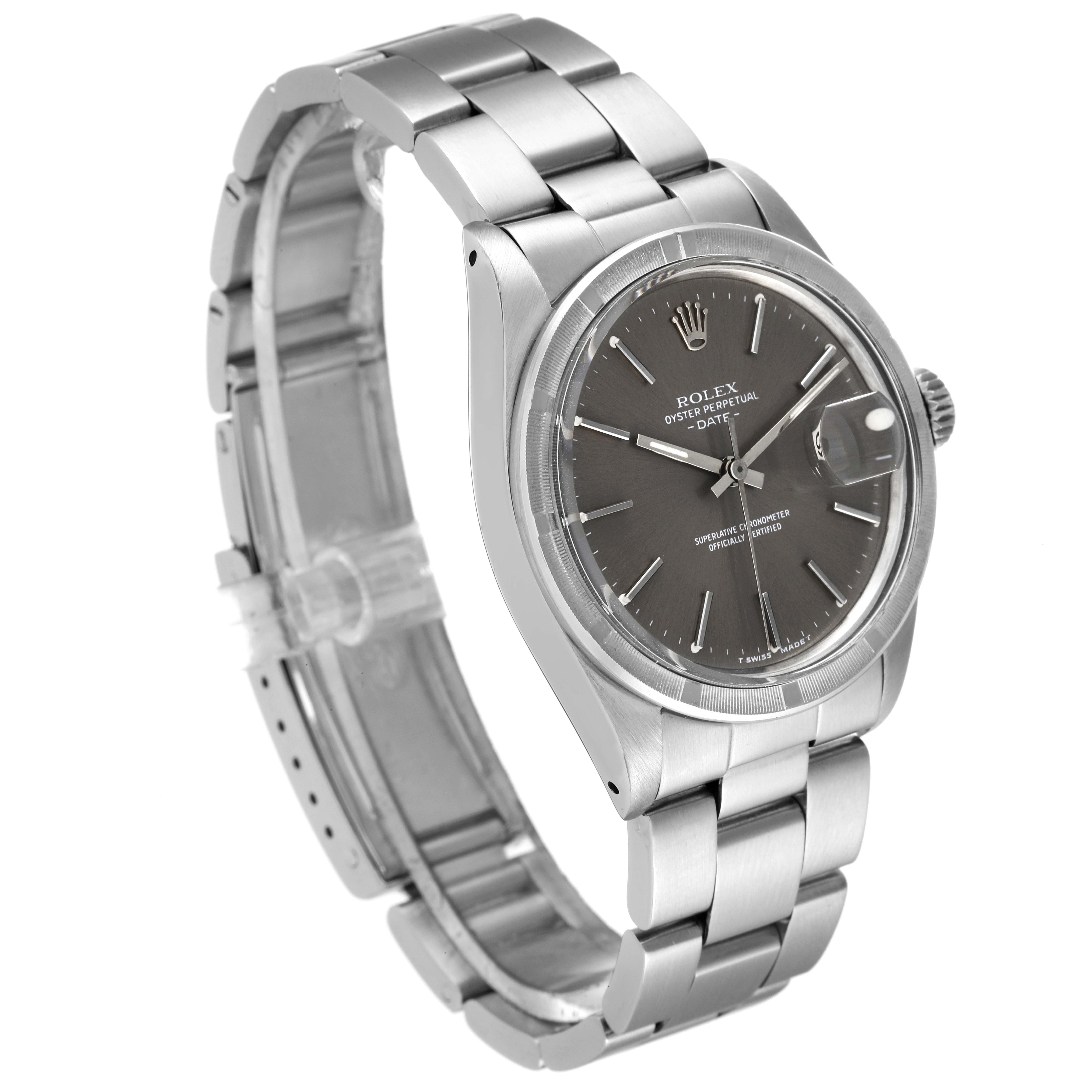 This image shows a Rolex Date 1501 Men's Stainless Steel Grey Dial 1501 Men's Stainless Steel Grey Dial model watch angled slightly from the front left, displaying the face, bezel, and bracelet.