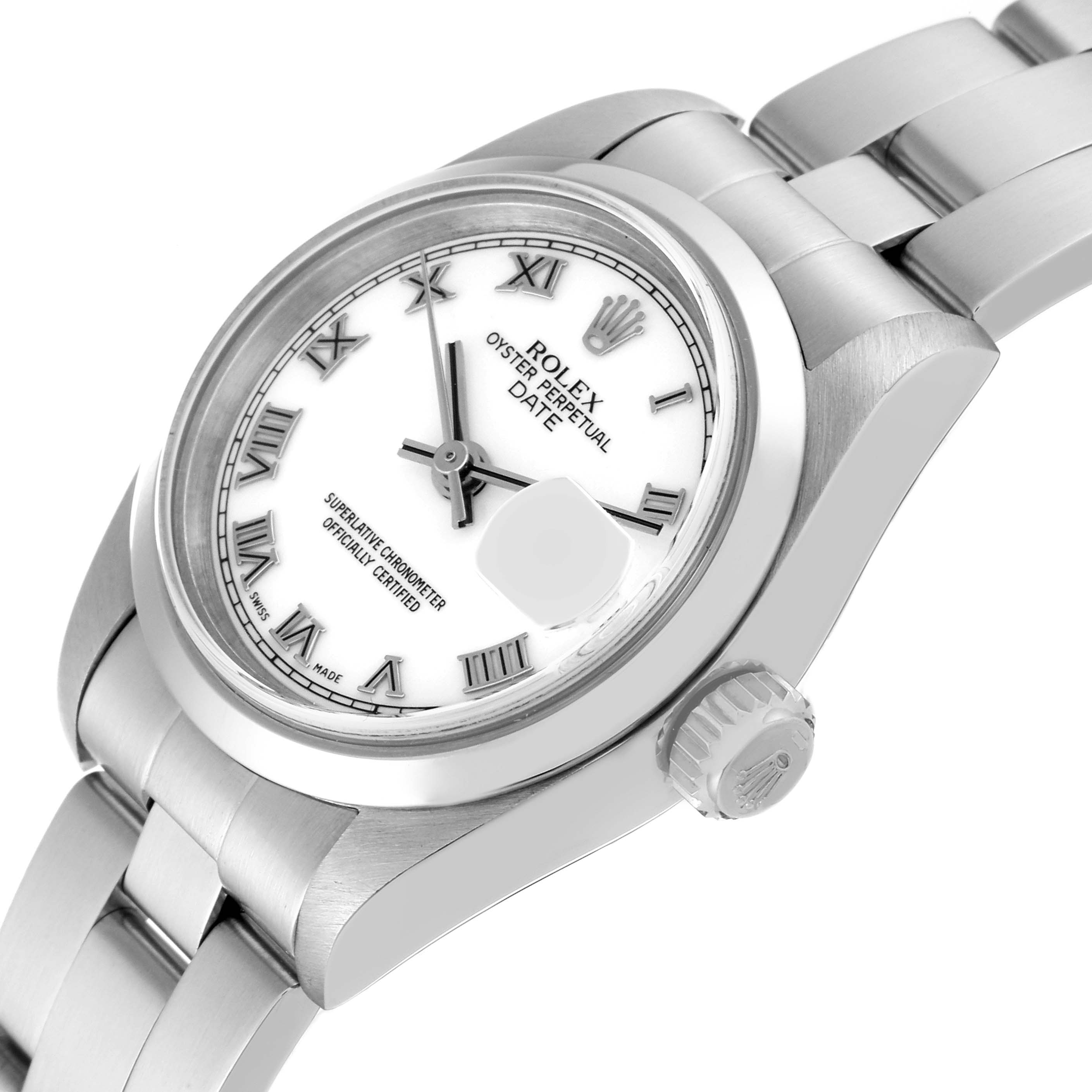 The image shows a close-up, angled view of a Rolex Date 79160 Women
s Stainless Steel White Dial 79160 Women
s Stainless Steel White Dial model watch, displaying the face, crown, and part of the bracelet.