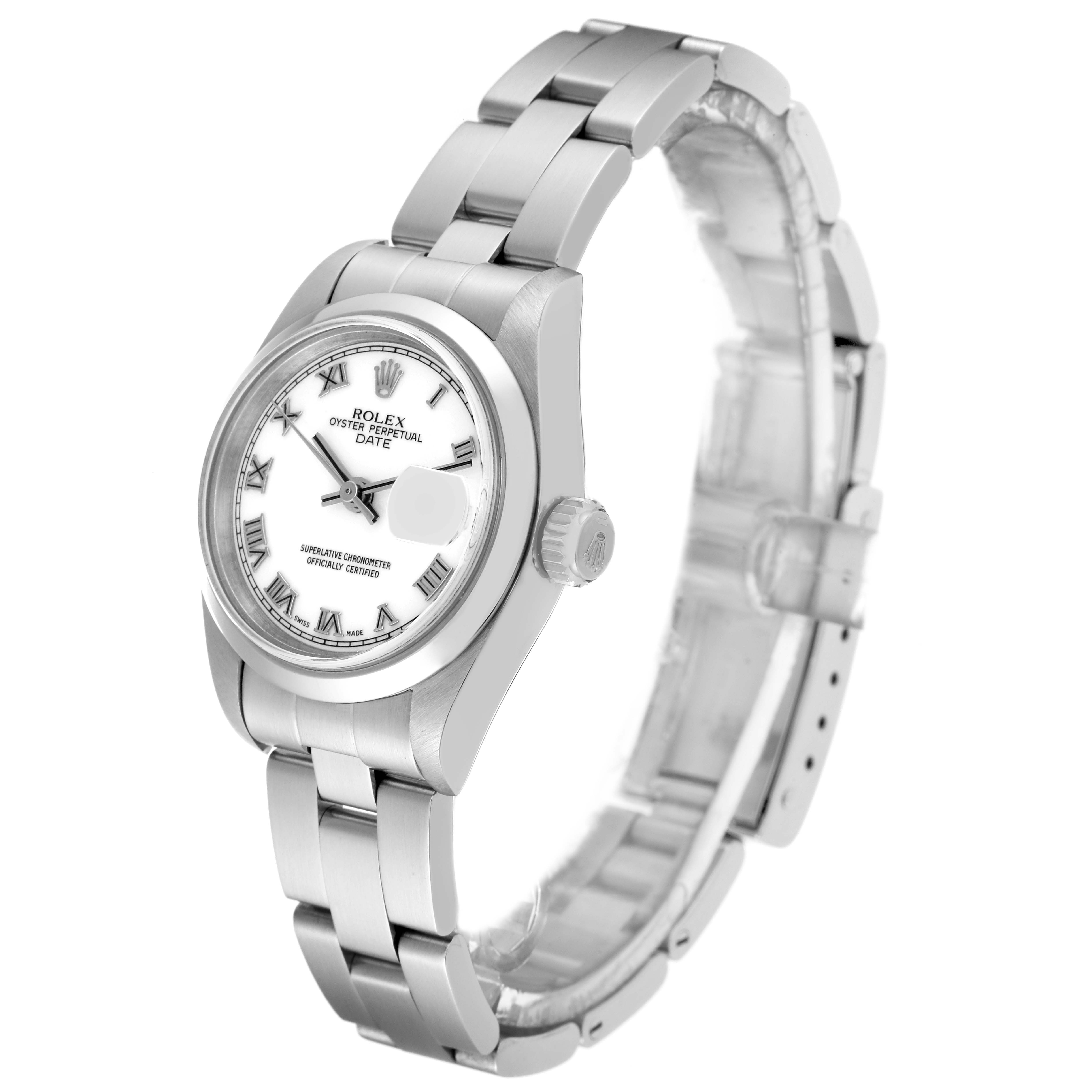 The image shows a side angle view of a Rolex Date 79160 Women
s Stainless Steel White Dial 79160 Women
s Stainless Steel White Dial model watch, highlighting the face, bracelet, and crown.