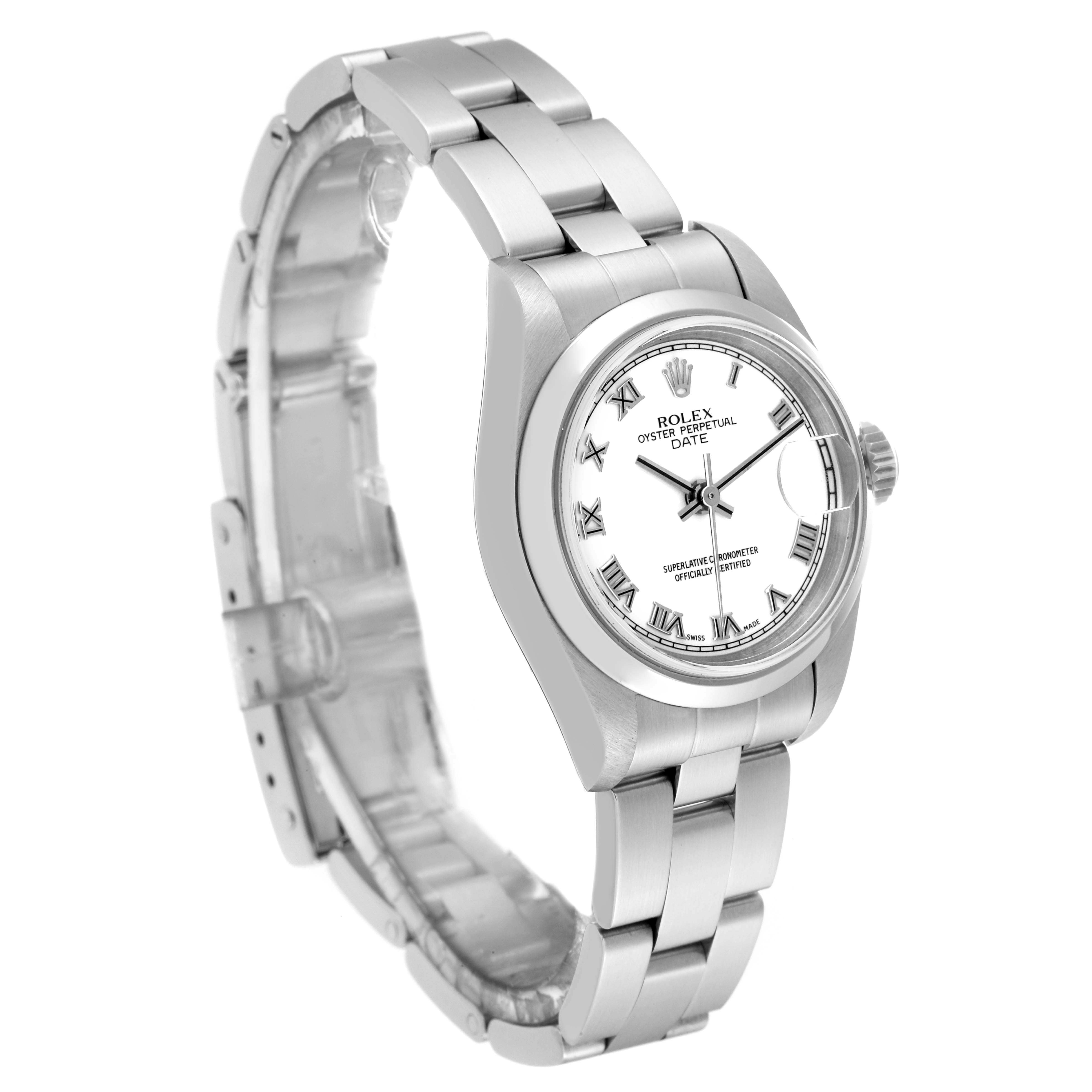 This image shows a Rolex Date 79160 Women
s Stainless Steel White Dial 79160 Women
s Stainless Steel White Dial model watch from a side angle, highlighting the dial, bracelet, and clasp.
