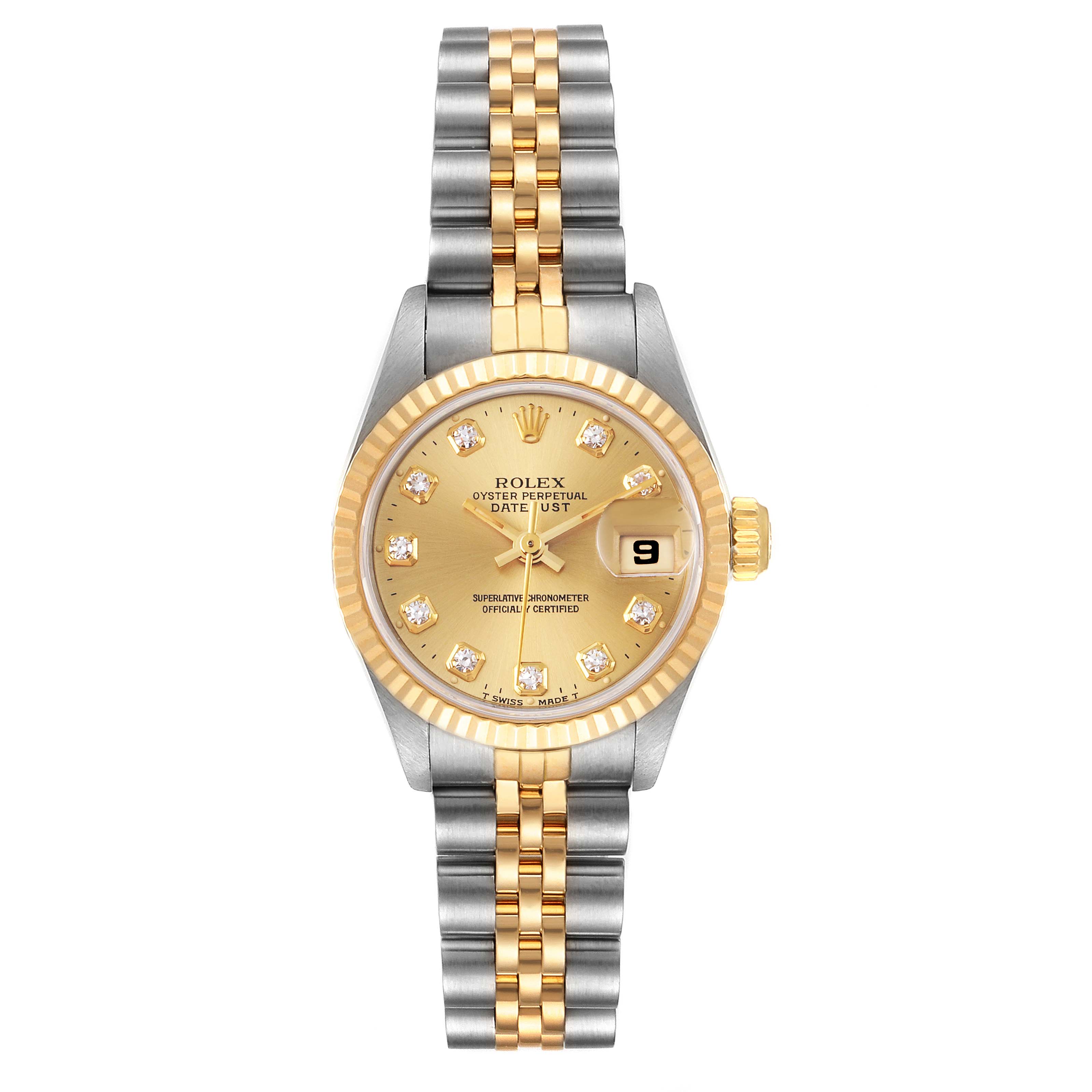 This image shows the front view of a Rolex Datejust 69173 Women's Steel and Gold (two tone) Champagne Dial 69173 Women's Steel and Gold (two tone) Champagne Dial watch, displaying its dial, bezel, and two-tone bracelet.