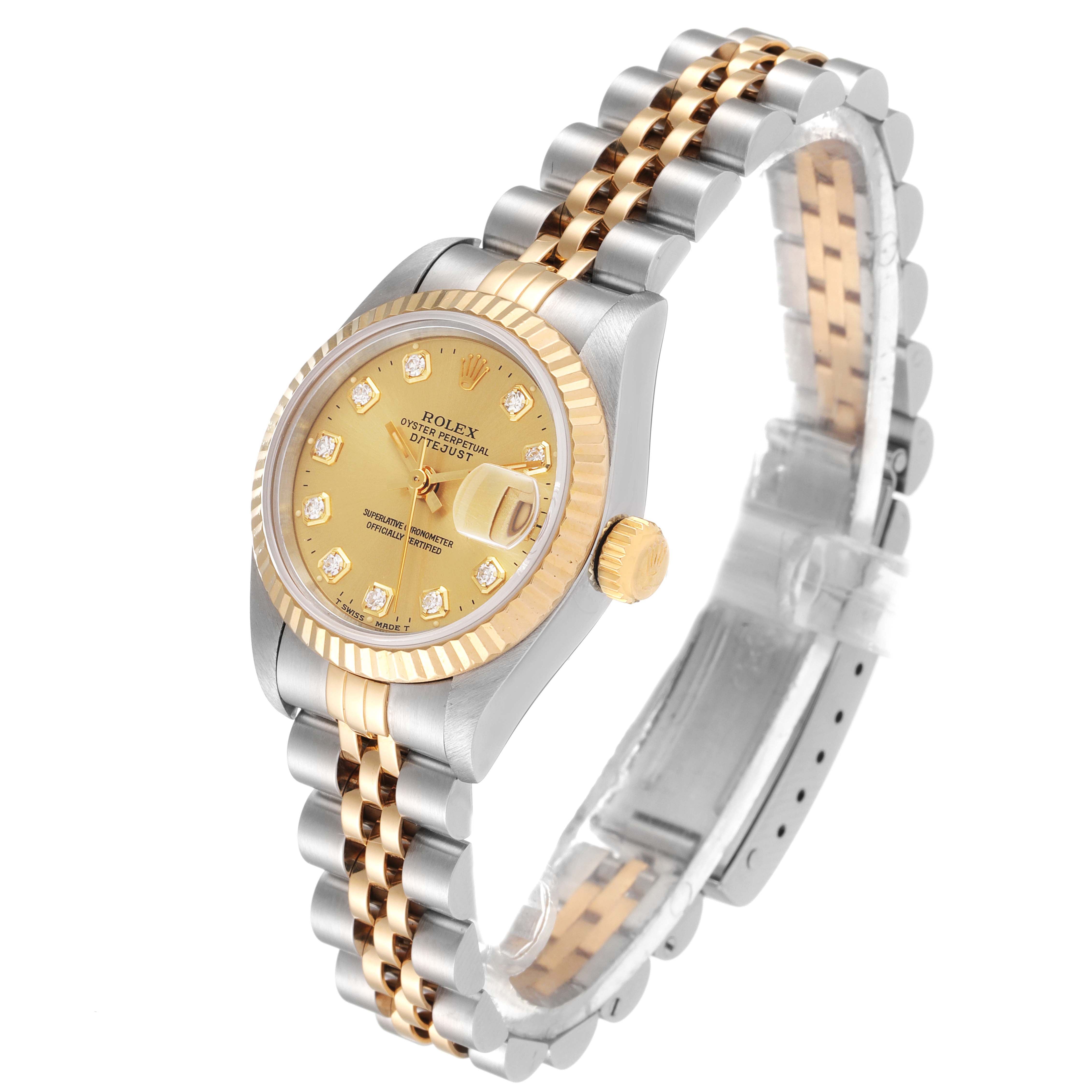 This image shows a side angle view of the Rolex Datejust 69173 Women's Steel and Gold (two tone) Champagne Dial 69173 Women's Steel and Gold (two tone) Champagne Dial watch, highlighting the face, bezel, crown, and bracelet.