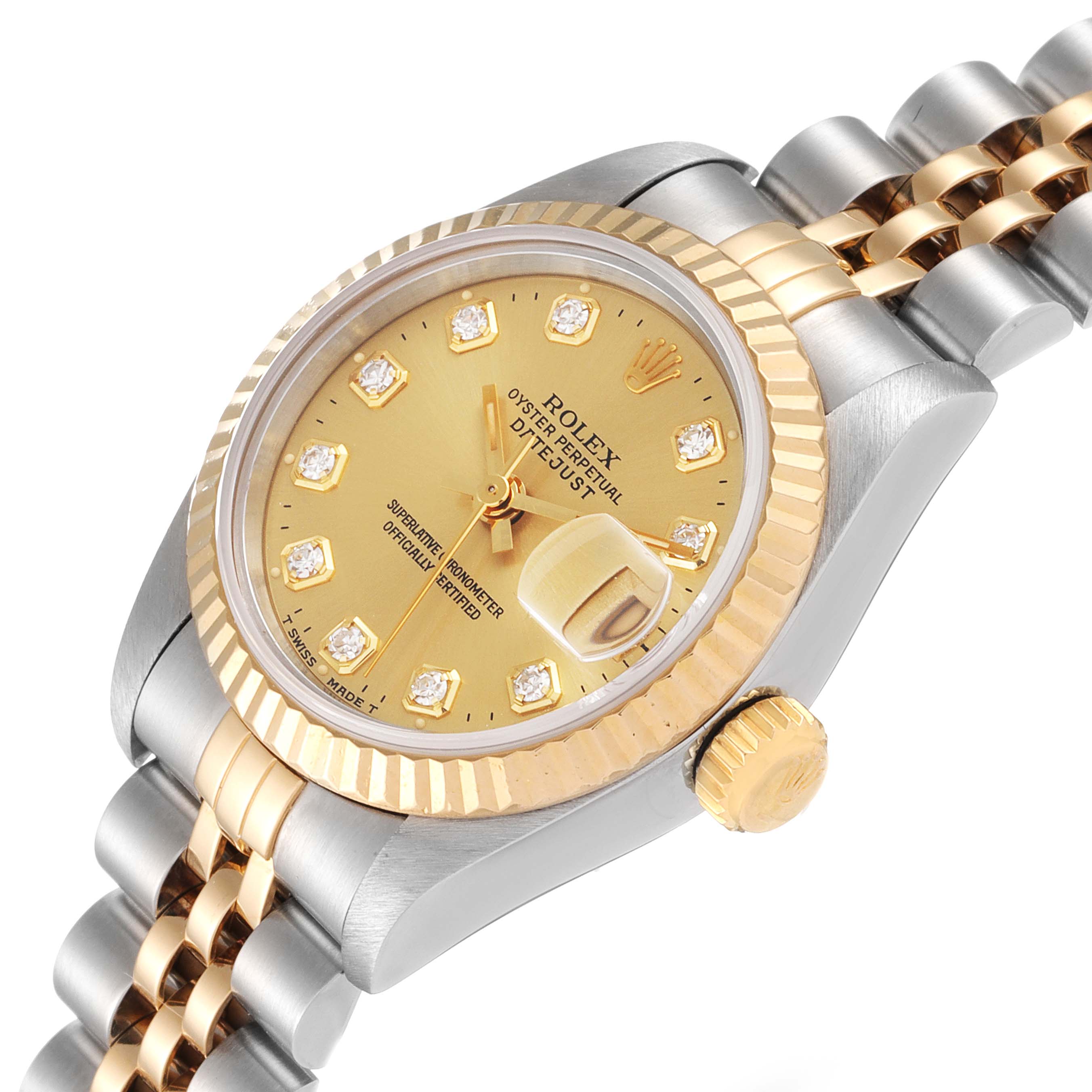 This image shows a Rolex Datejust 69173 Women's Steel and Gold (two tone) Champagne Dial 69173 Women's Steel and Gold (two tone) Champagne Dial watch at an angled close-up, highlighting the dial, bezel, and part of the bracelet.