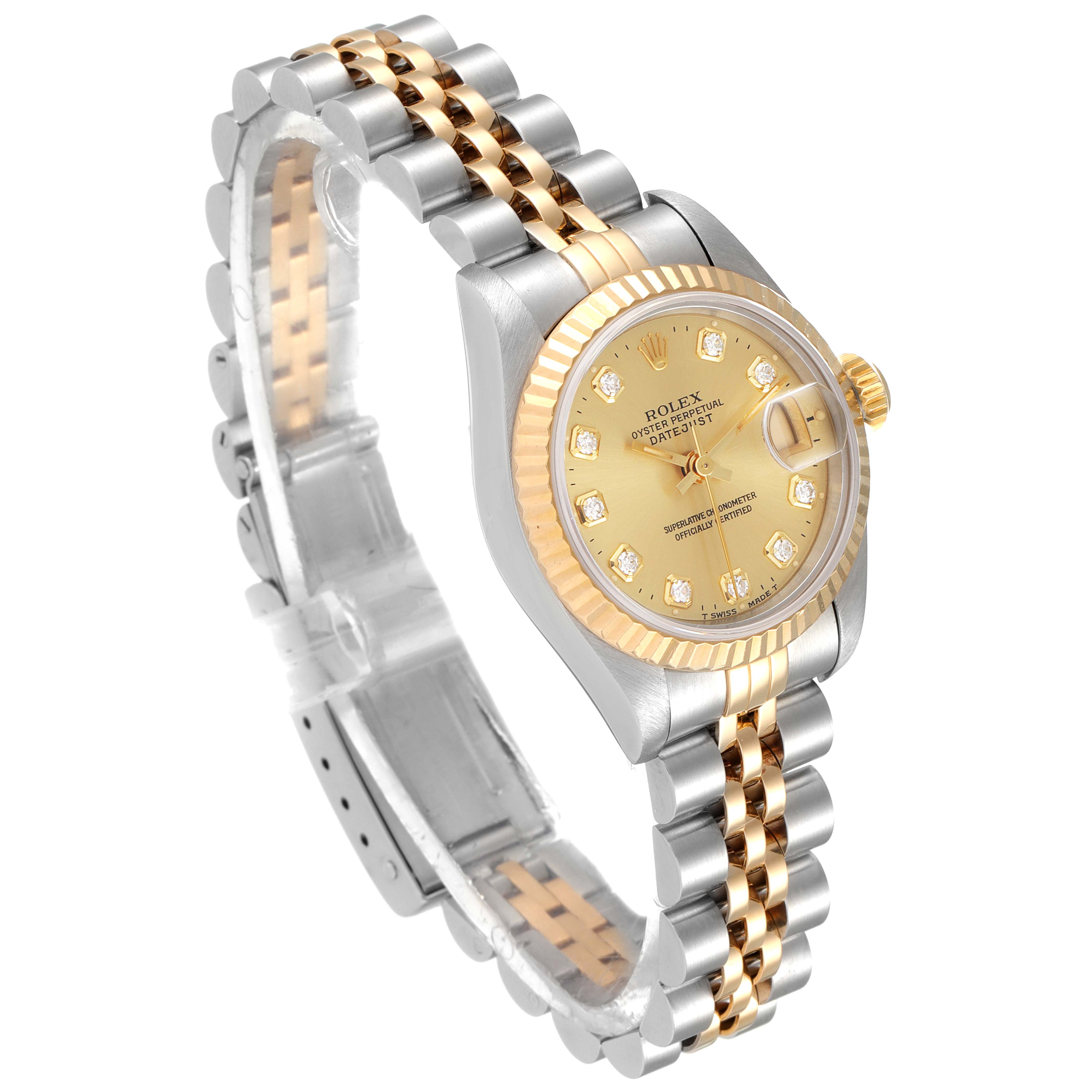 The image shows a Rolex Datejust 69173 Women's Steel and Gold (two tone) Champagne Dial 69173 Women's Steel and Gold (two tone) Champagne Dial watch from a three-quarter angle highlighting the face, bezel, and two-tone bracelet.