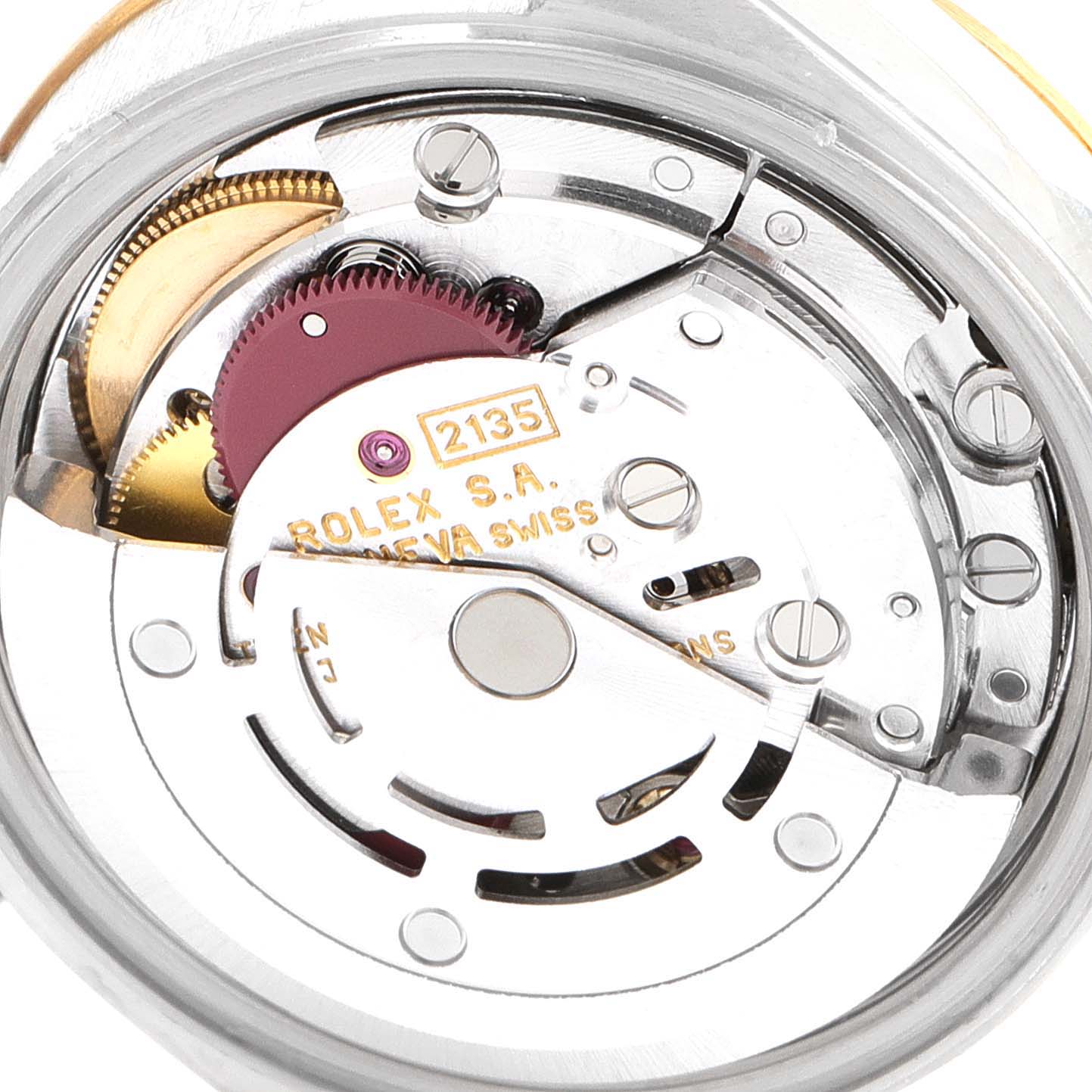 This image shows the internal mechanism and movement components of a Rolex Datejust 69173 Women's Steel and Gold (two tone) Champagne Dial 69173 Women's Steel and Gold (two tone) Champagne Dial watch from a close-up, overhead angle.