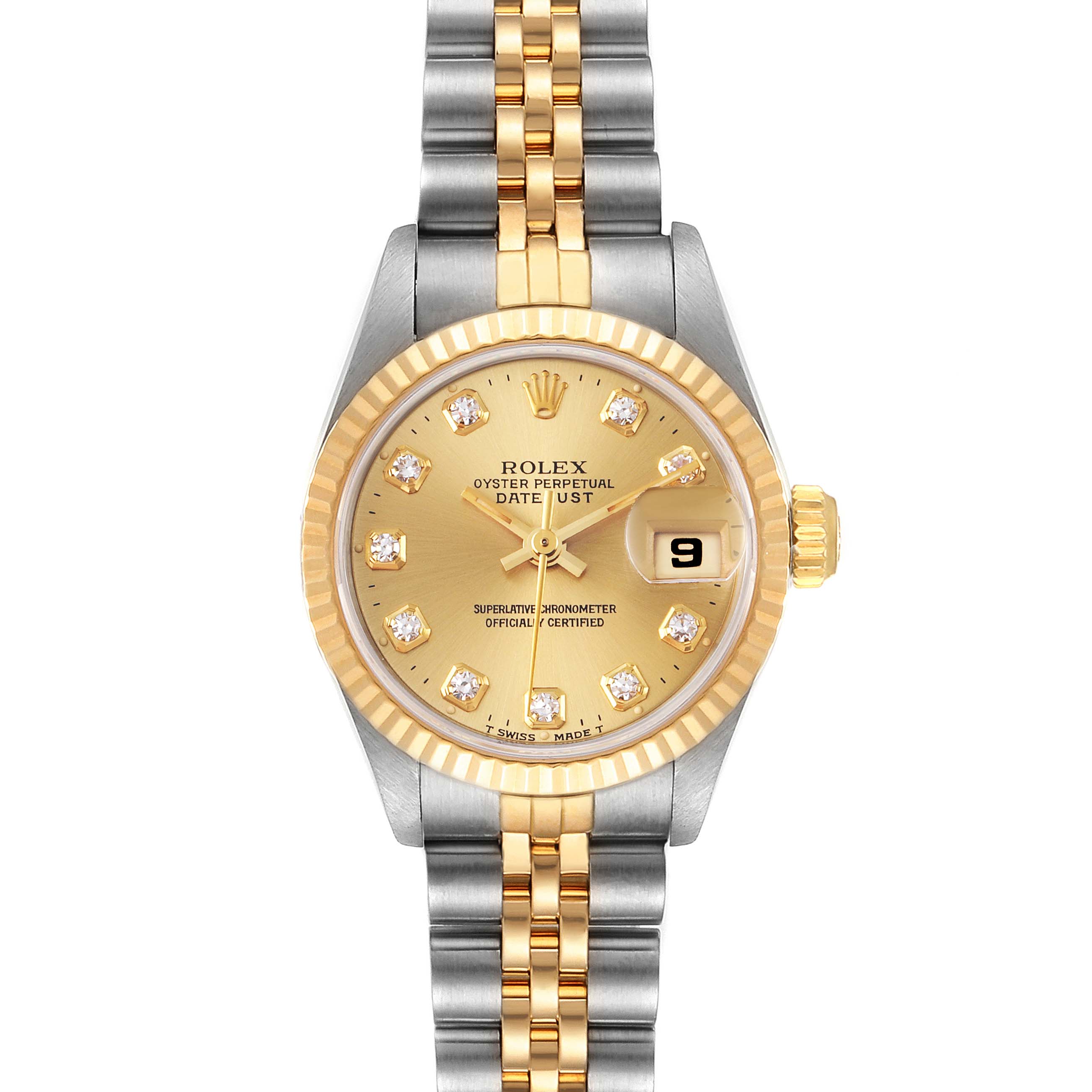This image shows a front view of a Rolex Datejust 69173 Women's Steel and Gold (two tone) Champagne Dial 69173 Women's Steel and Gold (two tone) Champagne Dial watch, highlighting its gold dial, date function, and two-tone bracelet.