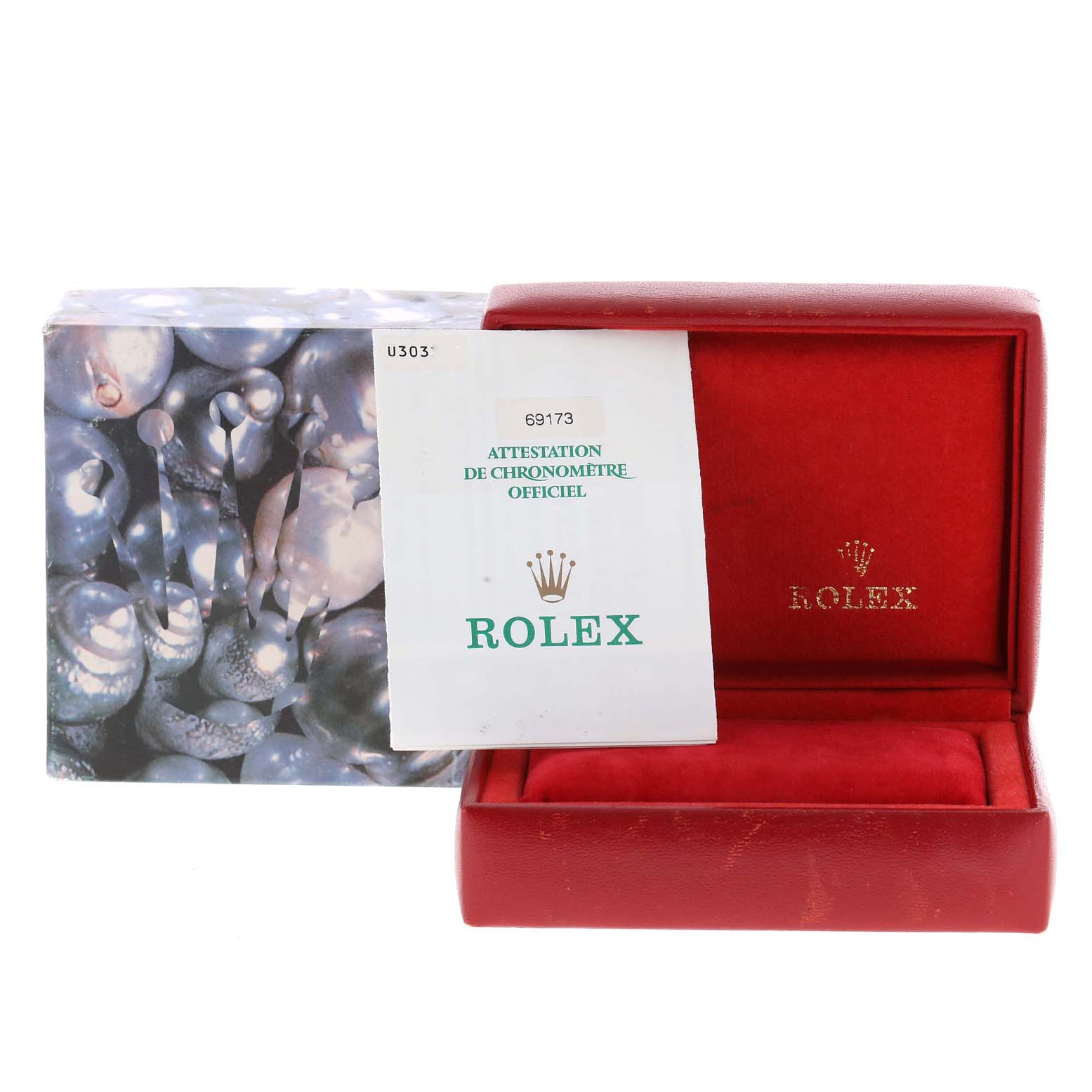 The image shows an empty red watch box and an official certificate for the Rolex Datejust 69173 Women's Steel and Gold (two tone) Champagne Dial 69173 Women's Steel and Gold (two tone) Champagne Dial model.