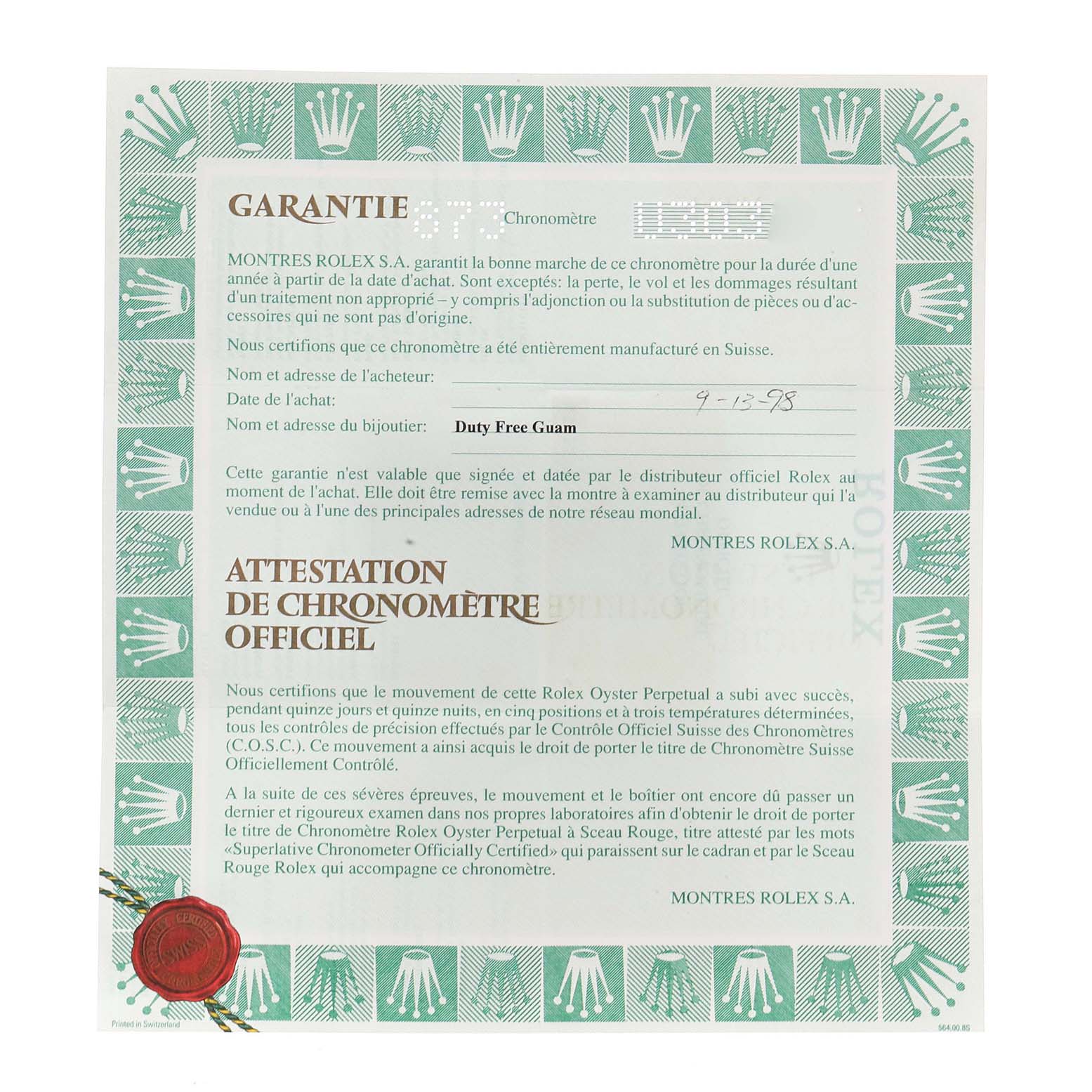 This image shows the official warranty and chronometer certificate for a Rolex Datejust 69173 Women's Steel and Gold (two tone) Champagne Dial 69173 Women's Steel and Gold (two tone) Champagne Dial watch.