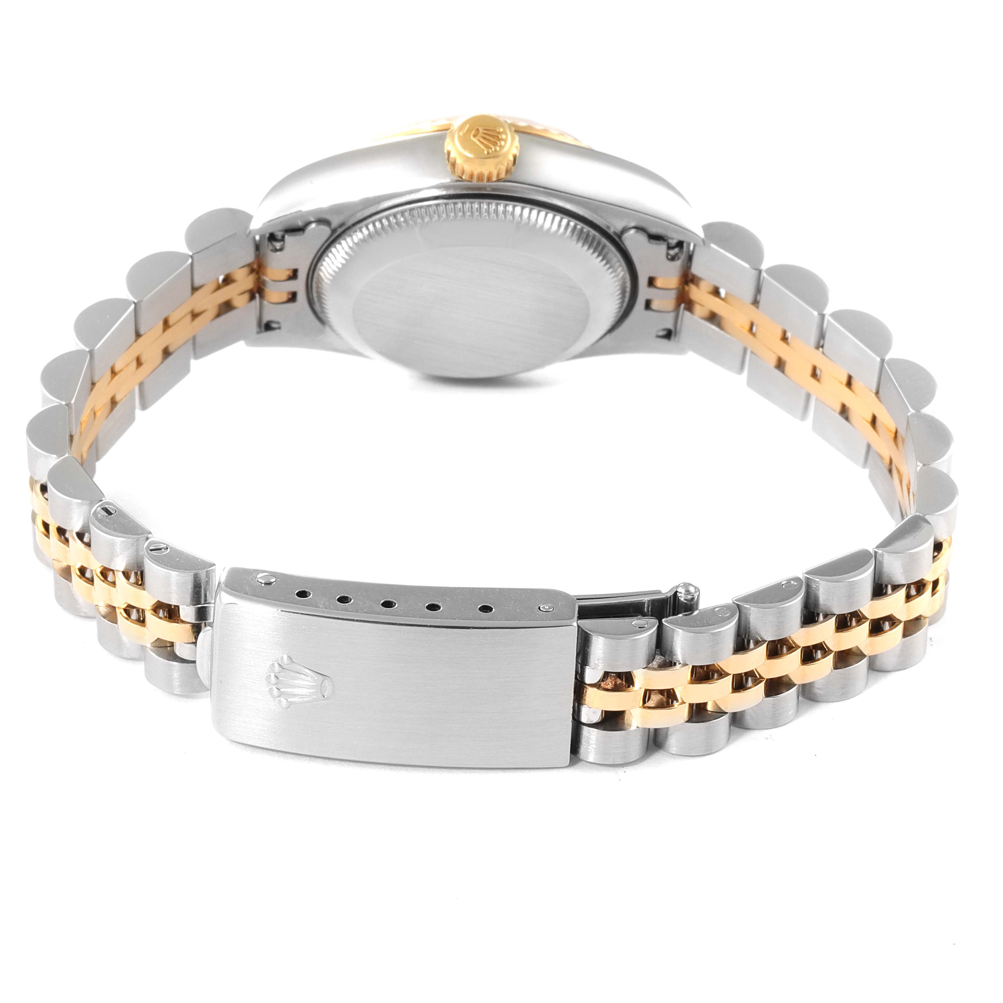 The photo shows the back view of a Rolex Datejust 69173 Women's Steel and Gold (two tone) Champagne Dial 69173 Women's Steel and Gold (two tone) Champagne Dial watch, highlighting its two-tone bracelet and clasp.