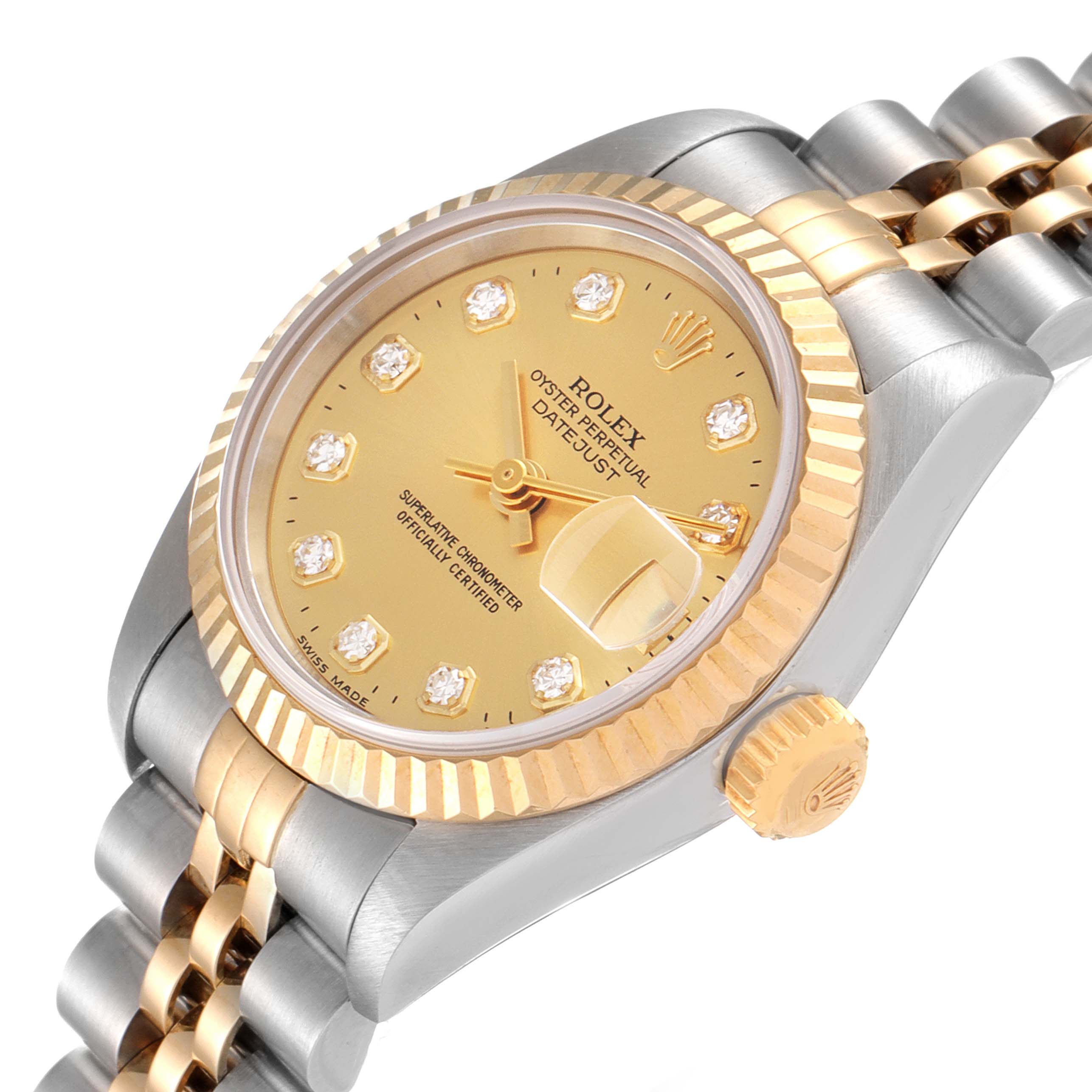 The image shows a close-up, angled view of the Rolex Datejust 69173 Women's Steel and Gold (two tone) Champagne Dial 69173 Women's Steel and Gold (two tone) Champagne Dial watch, displaying the face, bezel, crown, and bracelet.