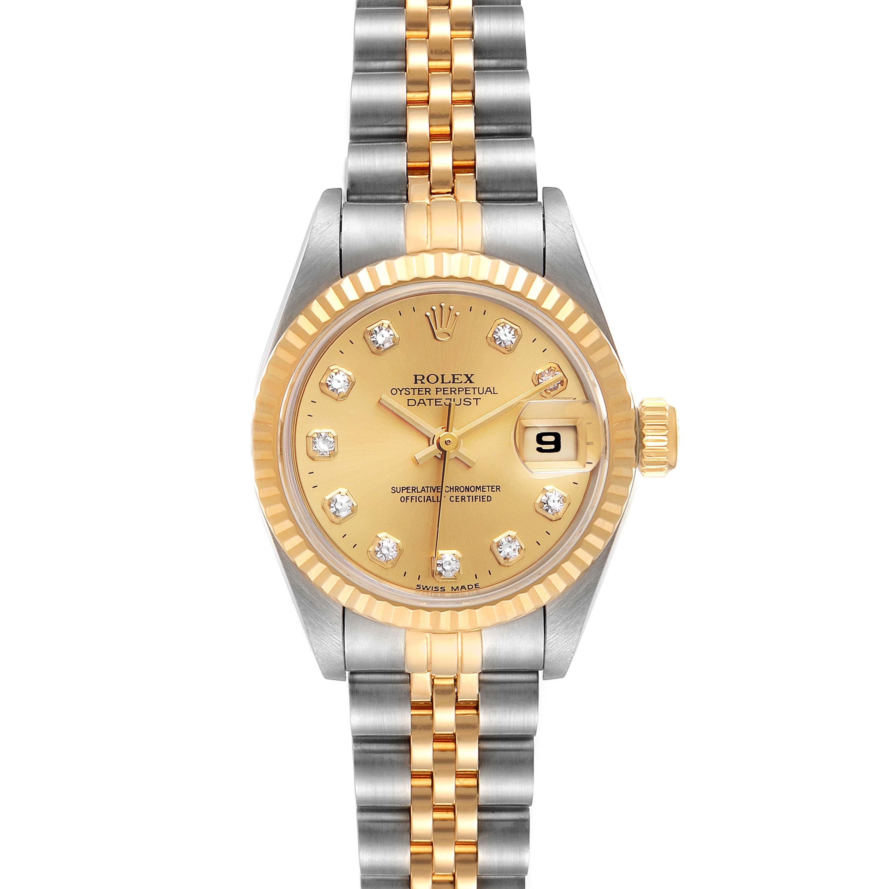 The image shows a front view of the Rolex Datejust 69173 Women's Steel and Gold (two tone) Champagne Dial 69173 Women's Steel and Gold (two tone) Champagne Dial watch, displaying its face, bezel, crown, and two-tone bracelet.