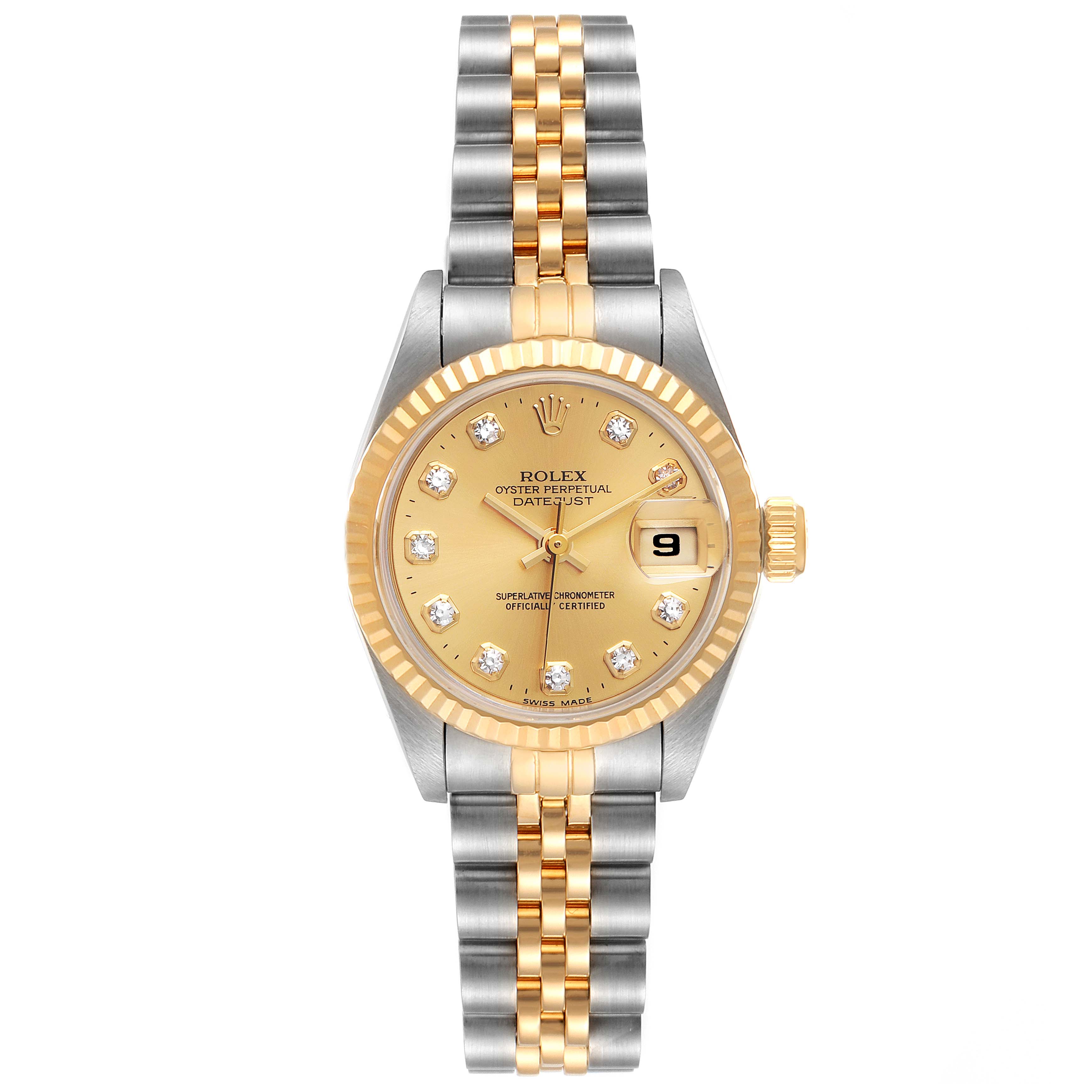 This is a front view of the Rolex Datejust 69173 Women's Steel and Gold (two tone) Champagne Dial 69173 Women's Steel and Gold (two tone) Champagne Dial watch showing the dial, bezel, case, and bracelet.