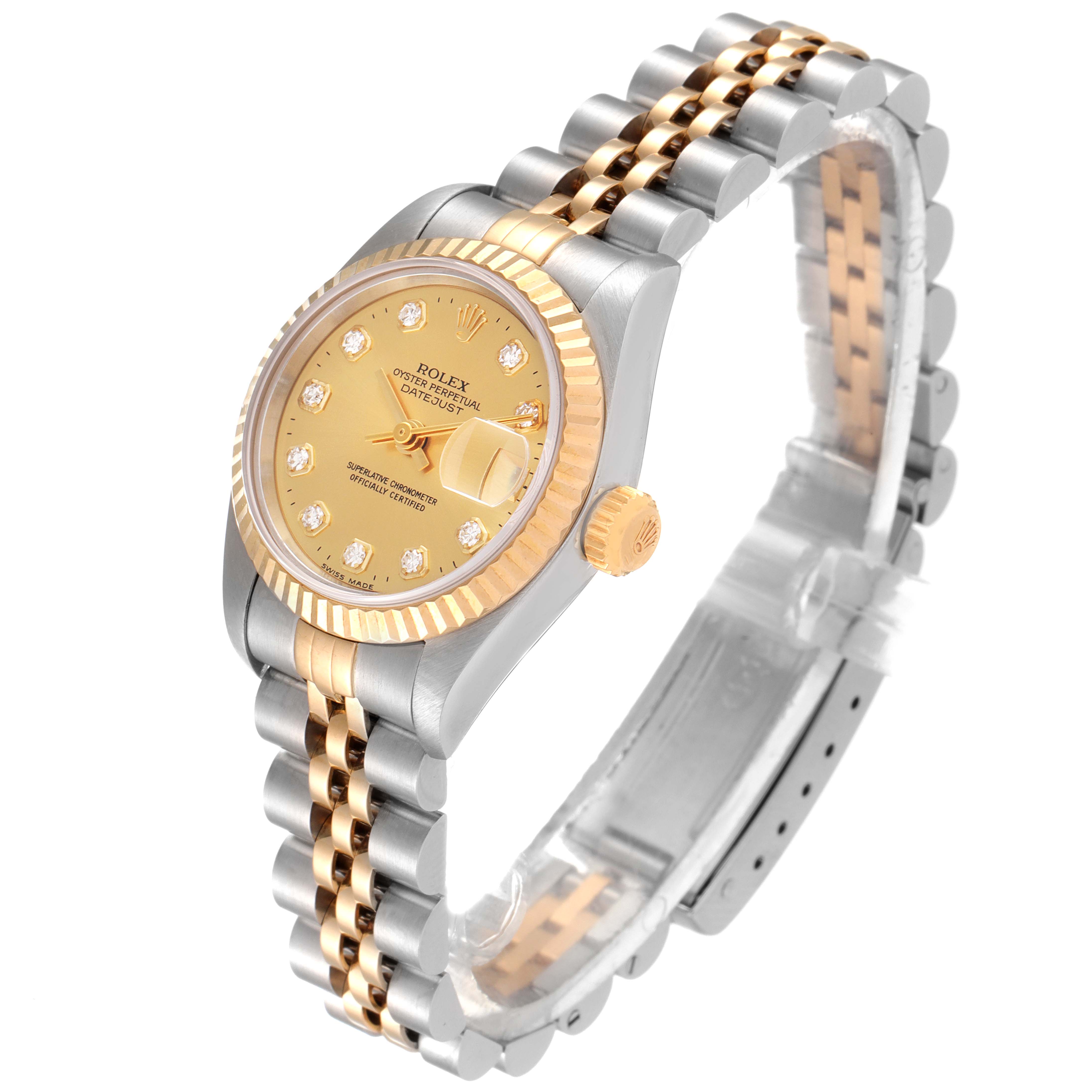 The image shows a Rolex Datejust 69173 Women's Steel and Gold (two tone) Champagne Dial 69173 Women's Steel and Gold (two tone) Champagne Dial watch angled to display its gold dial, diamond hour markers, bezel, and two-tone Jubilee bracelet.