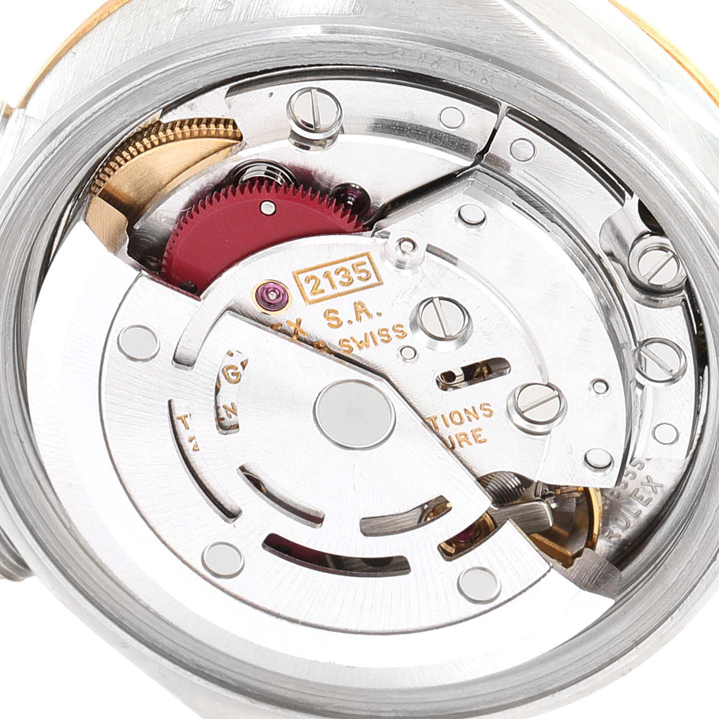 The image shows the intricate internal movement parts of a Rolex Datejust 69173 Women's Steel and Gold (two tone) Champagne Dial 69173 Women's Steel and Gold (two tone) Champagne Dial model viewed from the backside.