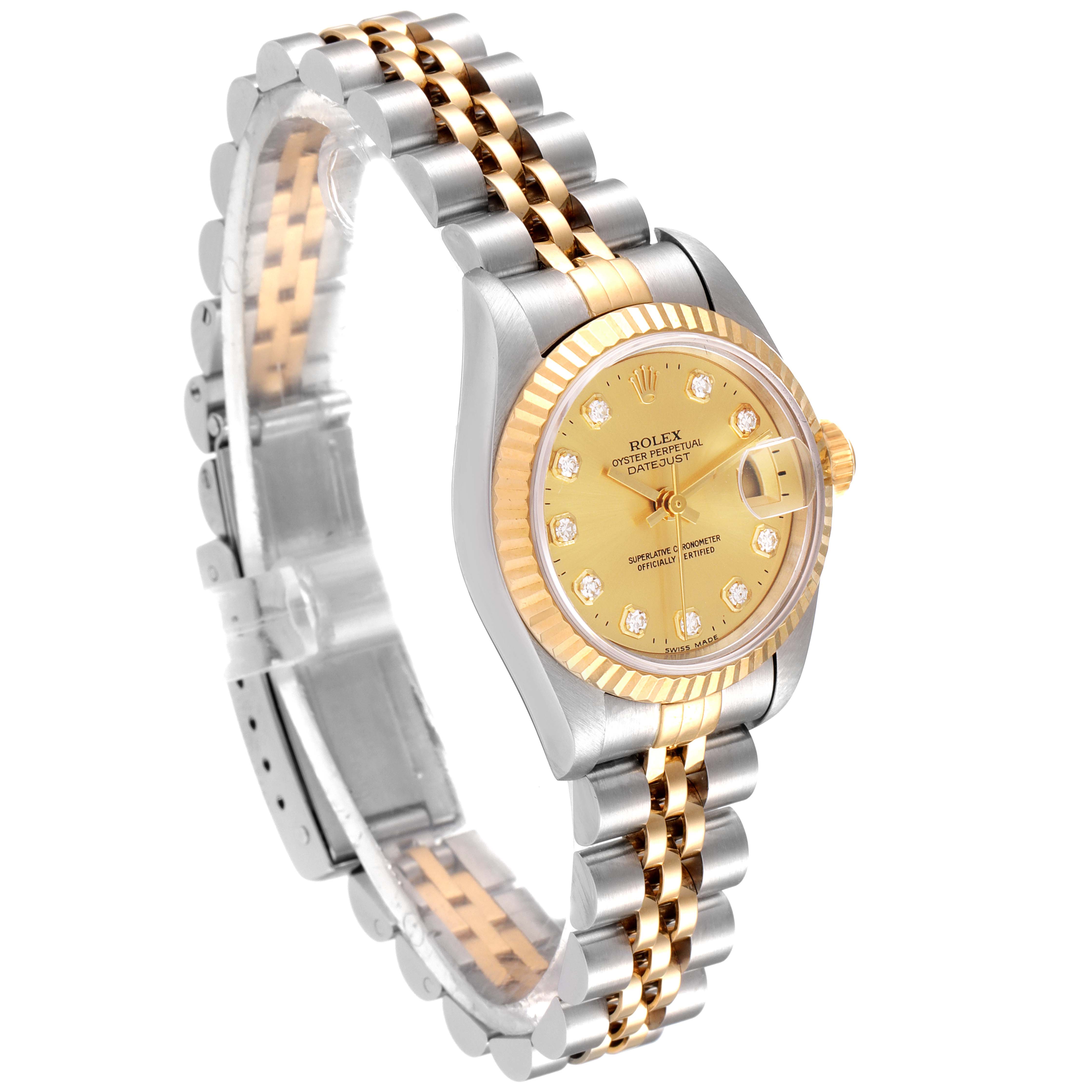 The Rolex Datejust 69173 Women's Steel and Gold (two tone) Champagne Dial 69173 Women's Steel and Gold (two tone) Champagne Dial watch is shown at a three-quarter angle, highlighting the gold and silver bracelet, and diamond-accented gold dial.