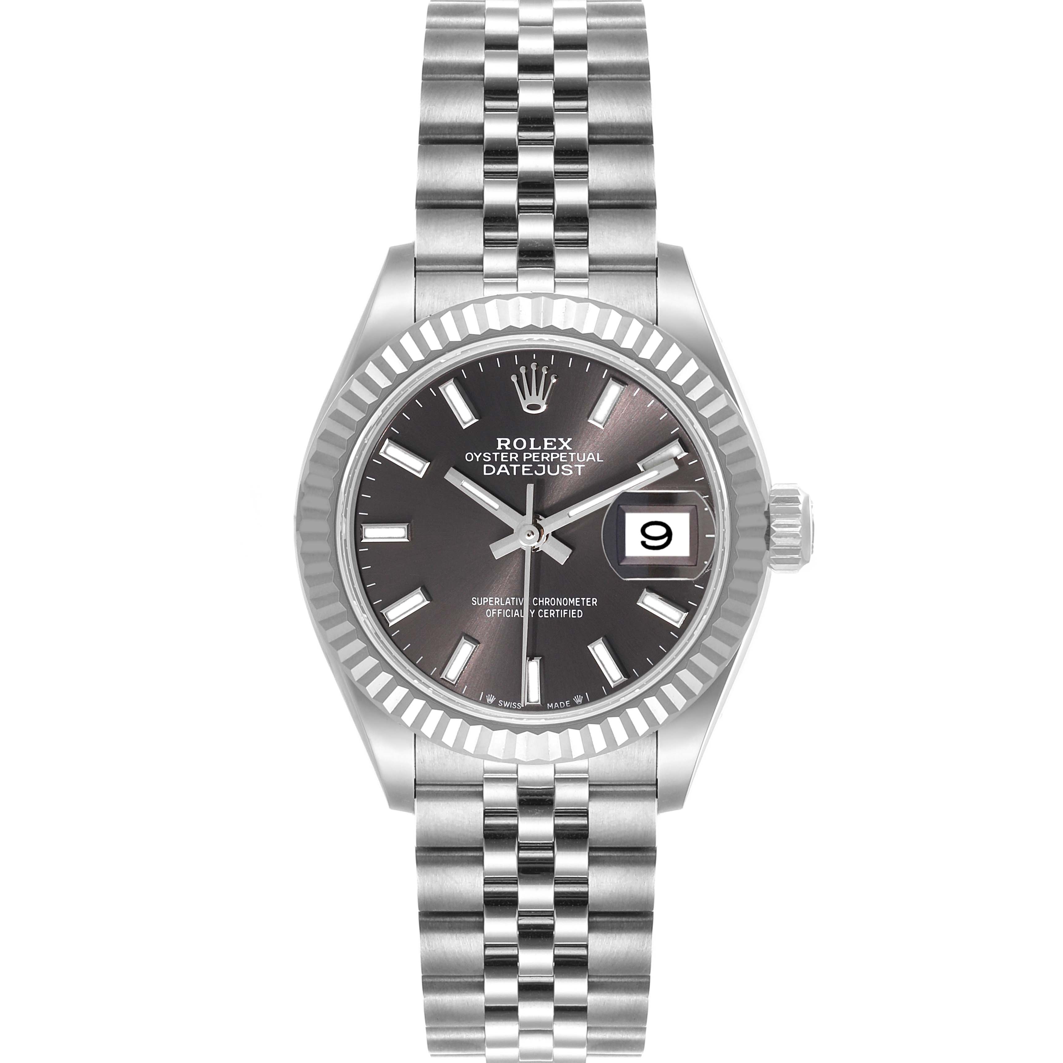 The image shows a front view of a Rolex Datejust 279174 Women's Stainless Steel Grey Dial 279174 Women's Stainless Steel Grey Dial watch, featuring a dark dial, fluted bezel, and a Jubilee bracelet.