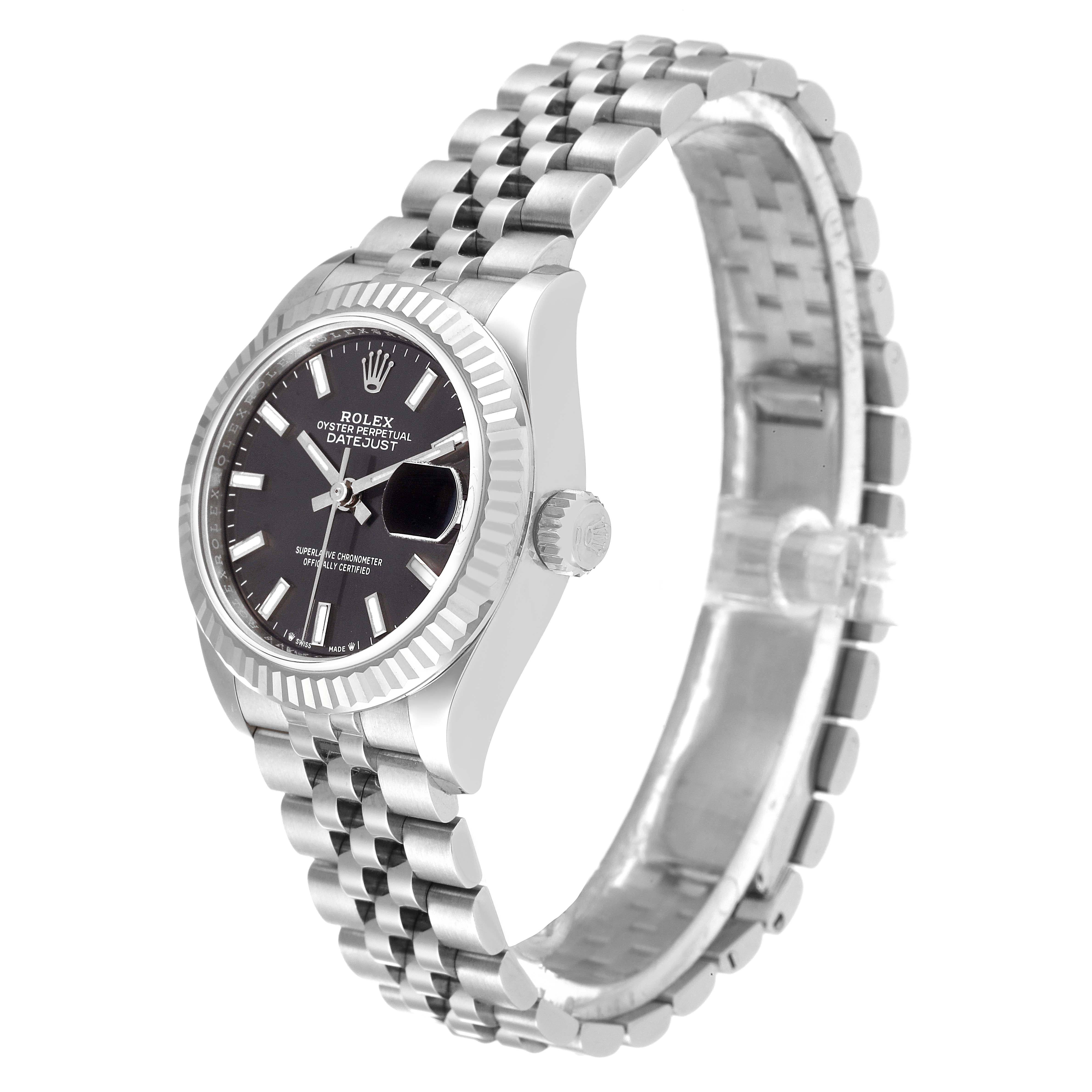The image shows a Rolex Datejust 279174 Women's Stainless Steel Grey Dial 279174 Women's Stainless Steel Grey Dial watch angled from the side, highlighting its black dial, crown, and jubilee bracelet.