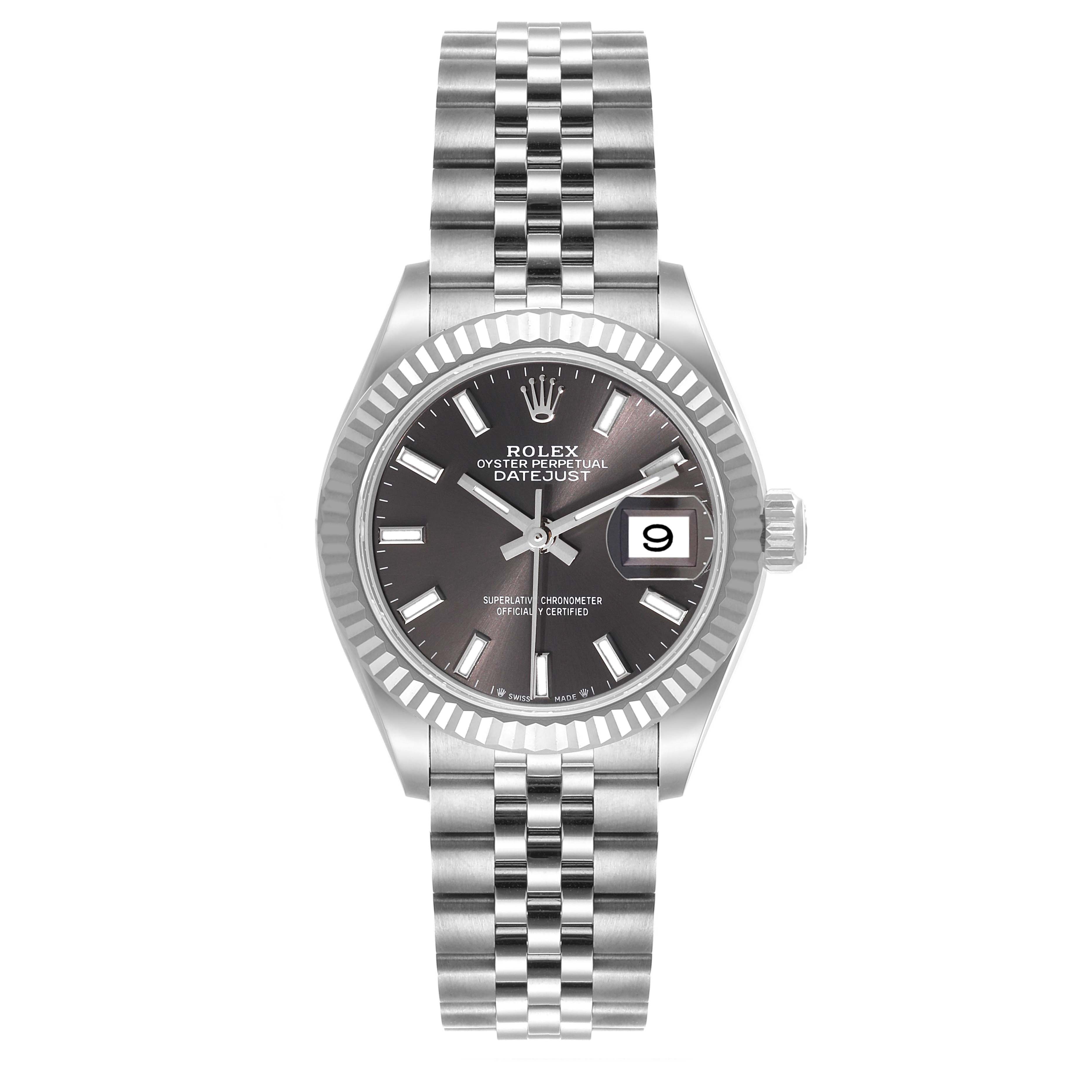 The image shows a front view of a Rolex Datejust 279174 Women's Stainless Steel Grey Dial 279174 Women's Stainless Steel Grey Dial watch displaying the full face, bezel, and bracelet.
