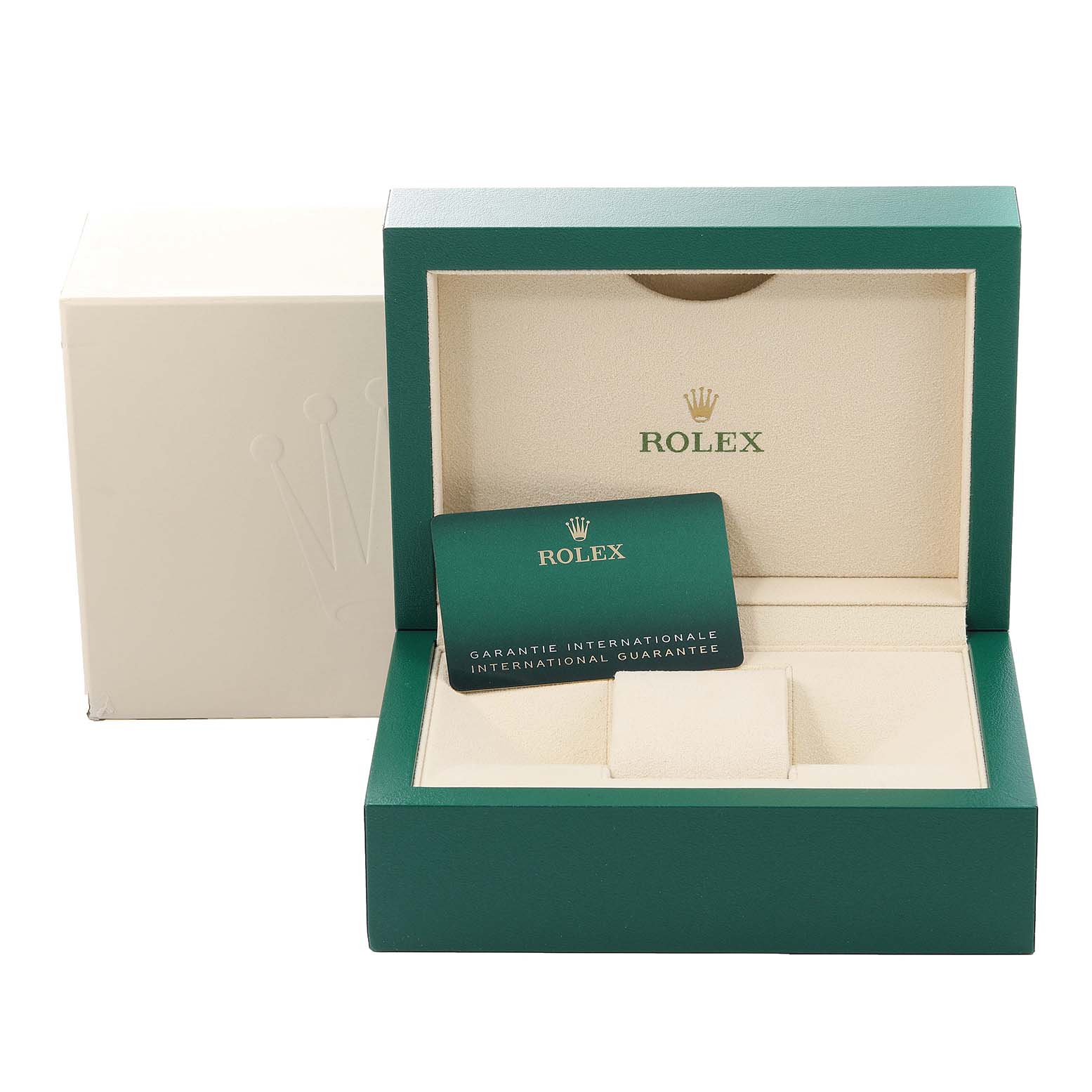 The image shows an open green and beige Rolex Datejust 279174 Women's Stainless Steel Grey Dial 279174 Women's Stainless Steel Grey Dial watch box with a warranty card inside.
