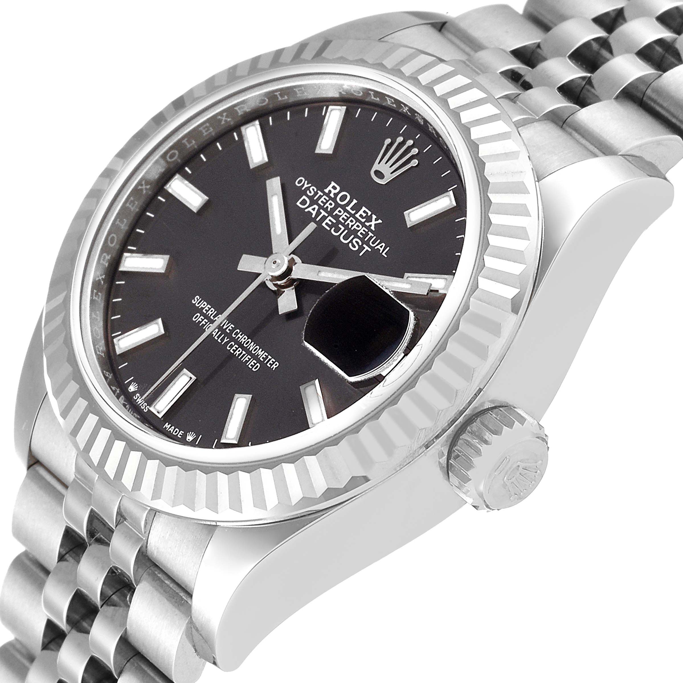 This image shows a Rolex Datejust 279174 Women's Stainless Steel Grey Dial 279174 Women's Stainless Steel Grey Dial watch at a three-quarter angle, highlighting the bezel, crown, and part of the bracelet.