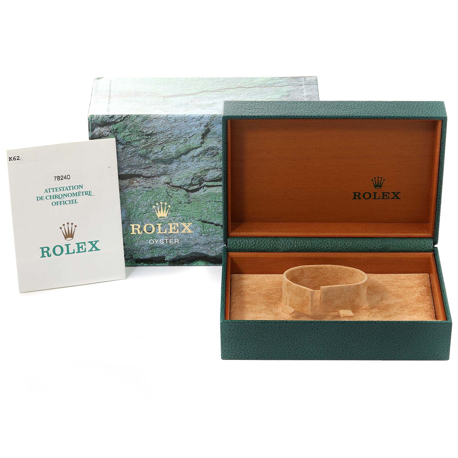 This image shows a Rolex Mid-Size 78240 Women's Stainless Steel White Dial 78240 Women's Stainless Steel White Dial watch box, an official attestation booklet, and packaging from a top-down angle.