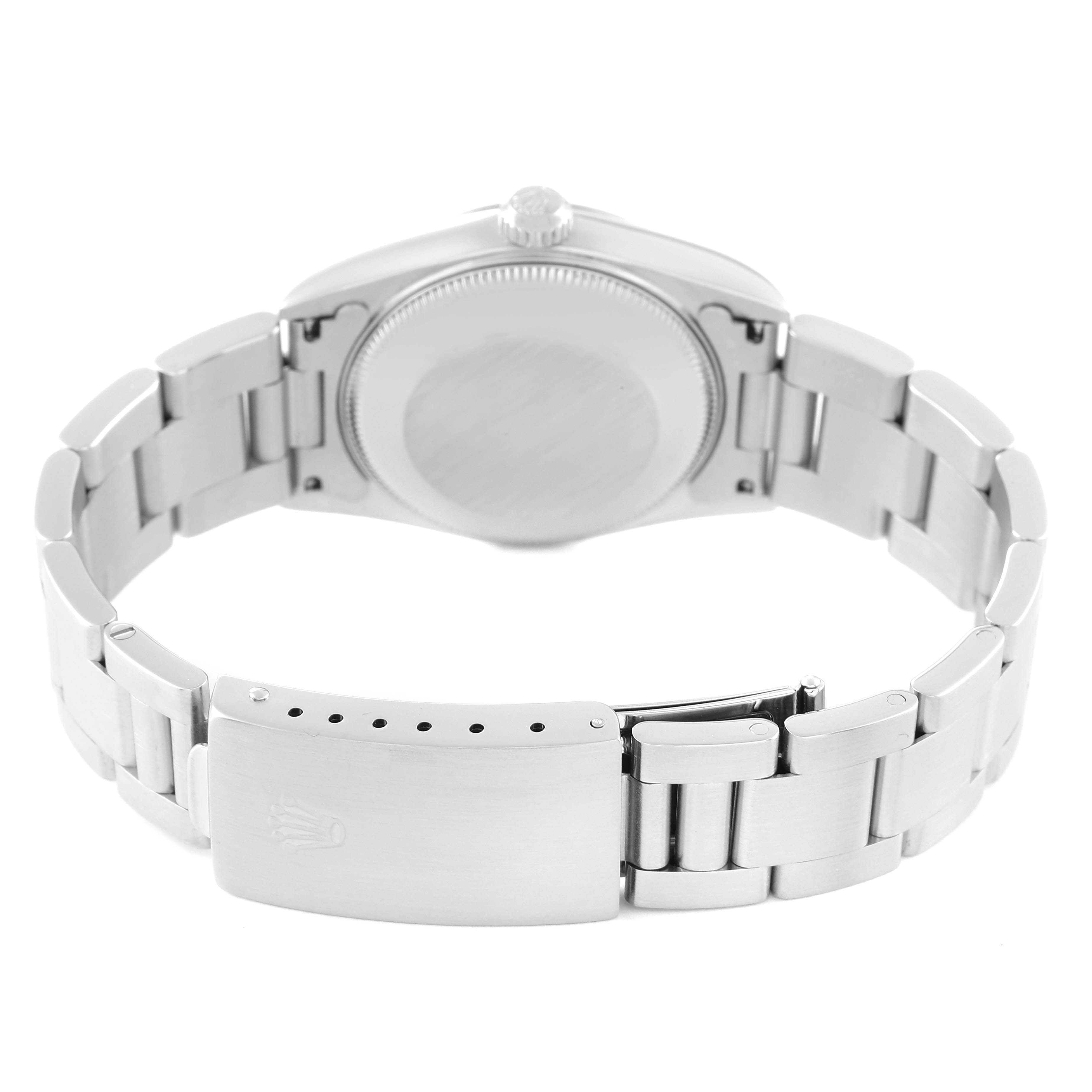 This image shows the back case and bracelet of a Mid-Size Rolex watch, viewed from the rear angle.