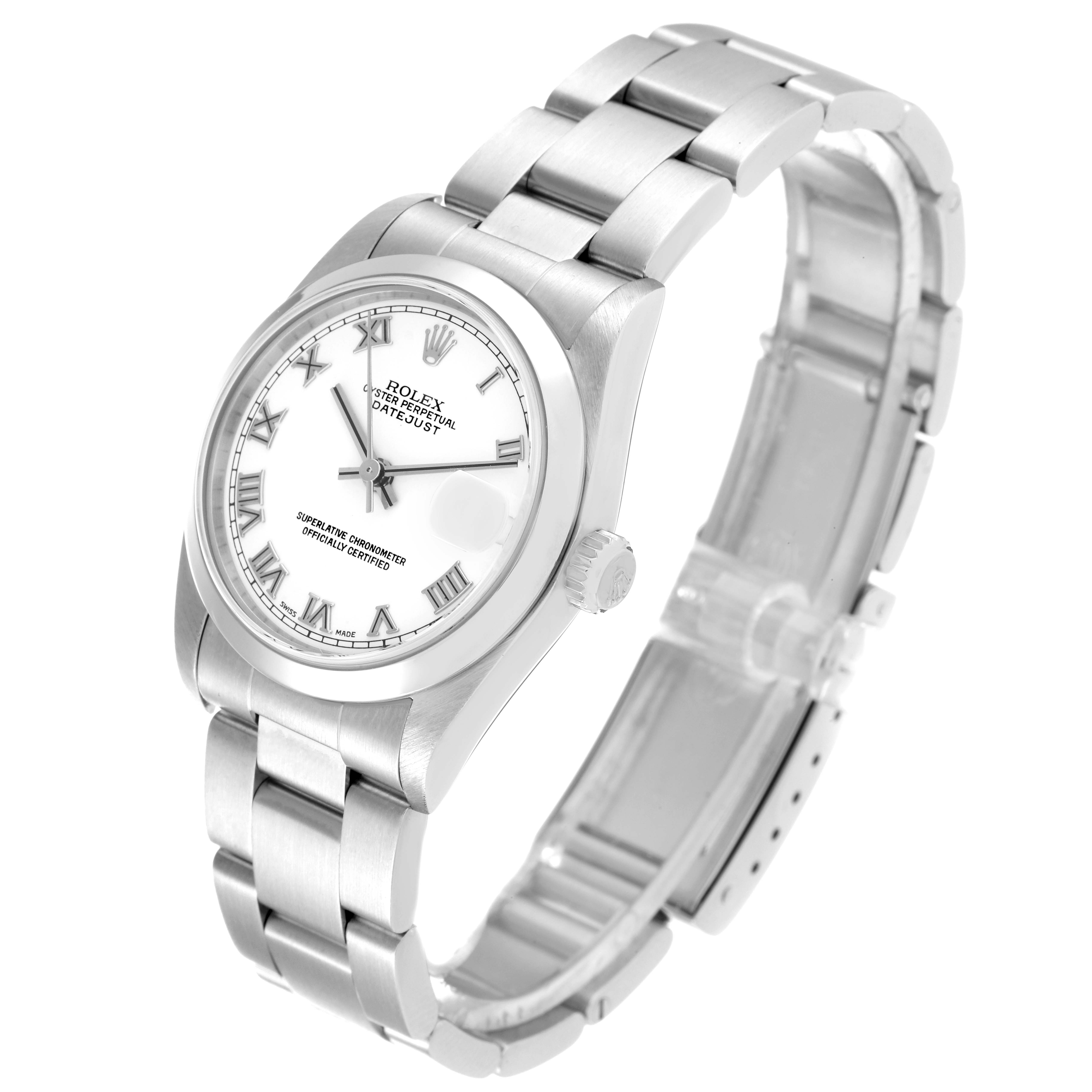This image shows a side-angle view of the Rolex Mid-Size 78240 Women's Stainless Steel White Dial 78240 Women's Stainless Steel White Dial Datejust watch, displaying the dial, crown, and bracelet.