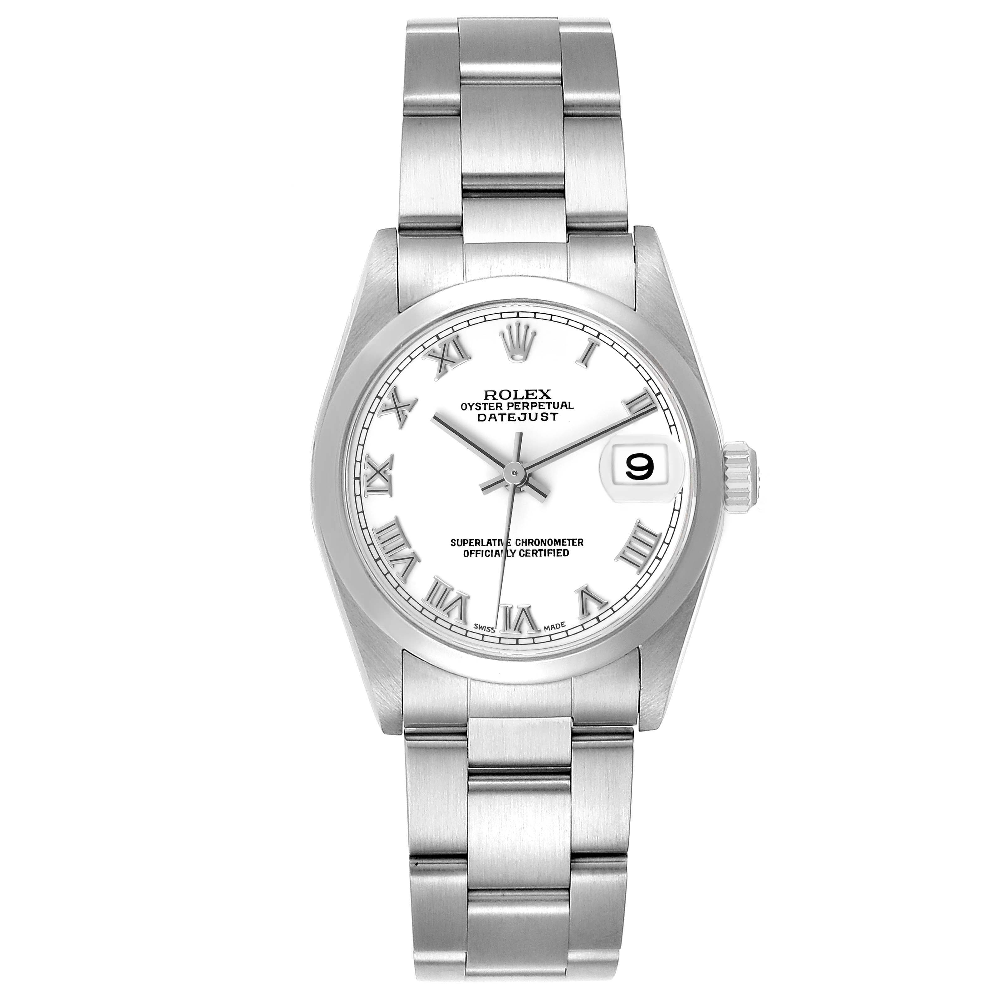 The image shows a front view of a Rolex Mid-Size 78240 Women's Stainless Steel White Dial 78240 Women's Stainless Steel White Dial Oyster Perpetual Datejust watch, displaying the dial, bracelet, and date function.