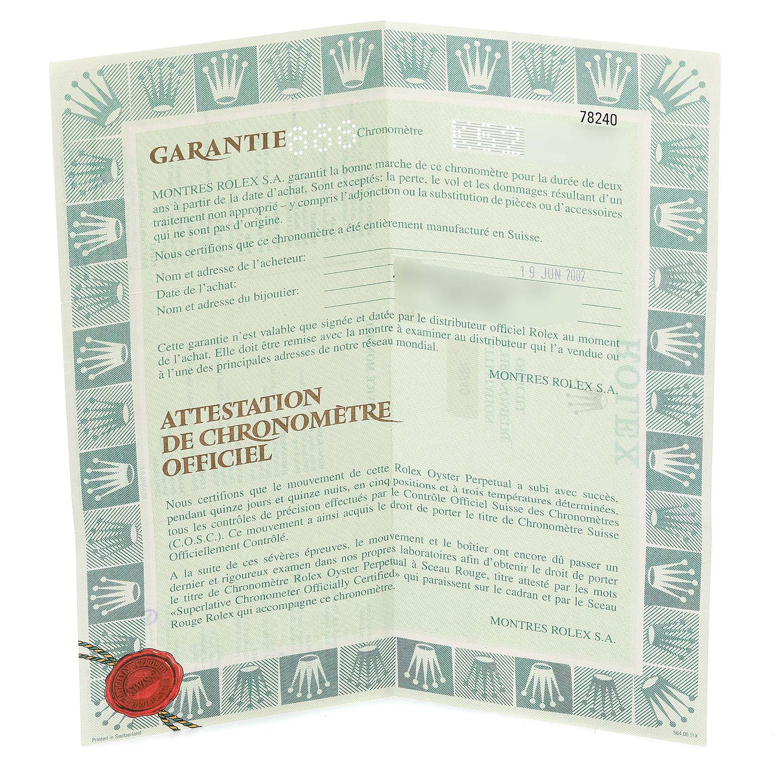 The image shows the warranty and certificate of authenticity for a Rolex Mid-Size 78240 Women's Stainless Steel White Dial 78240 Women's Stainless Steel White Dial model, unfolded to display its contents.