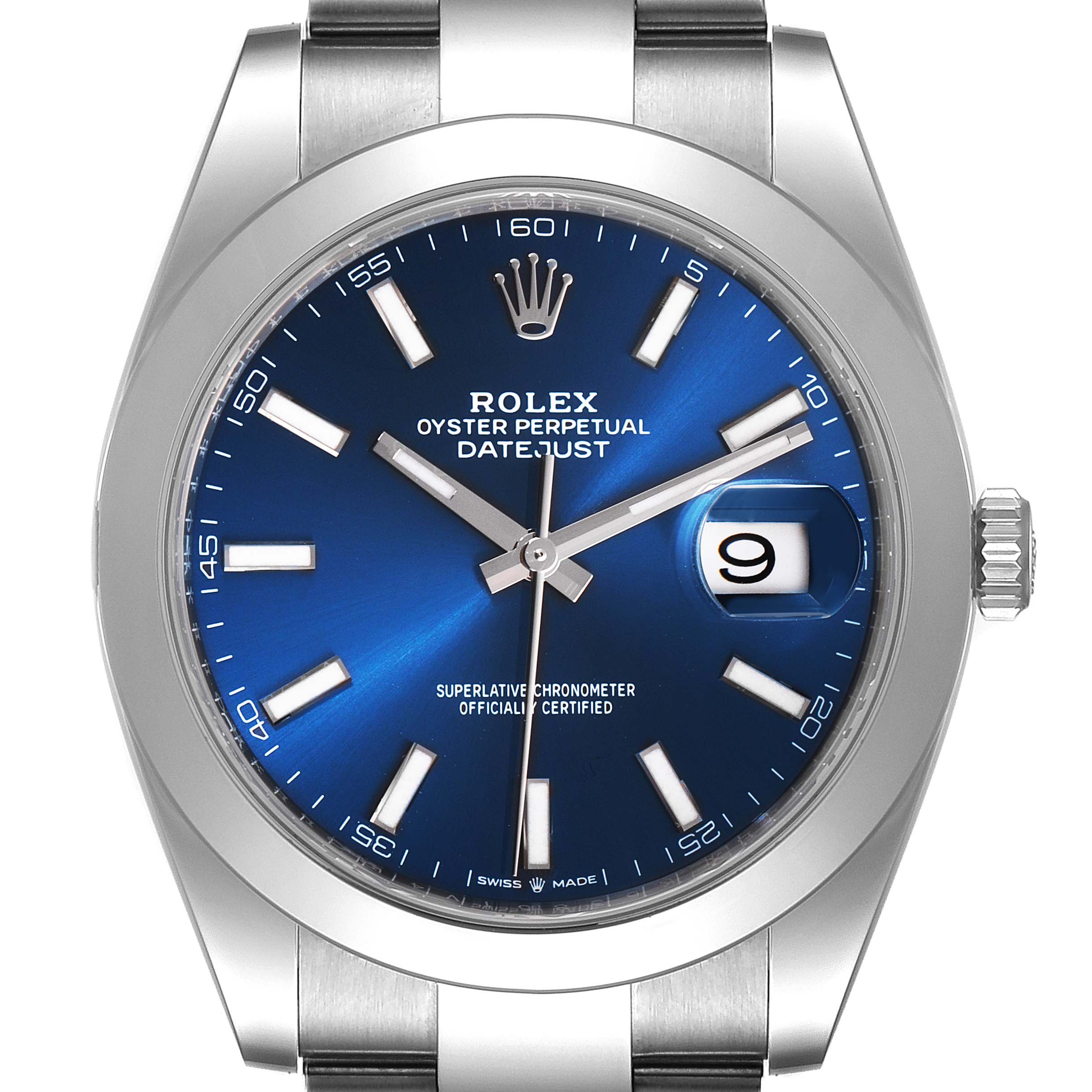 The image shows a front view of a Rolex Datejust 41 126300 Men
s Stainless Steel Blue Dial 126300 Men
s Stainless Steel Blue Dial watch, highlighting the blue dial, hands, markers, and date window.