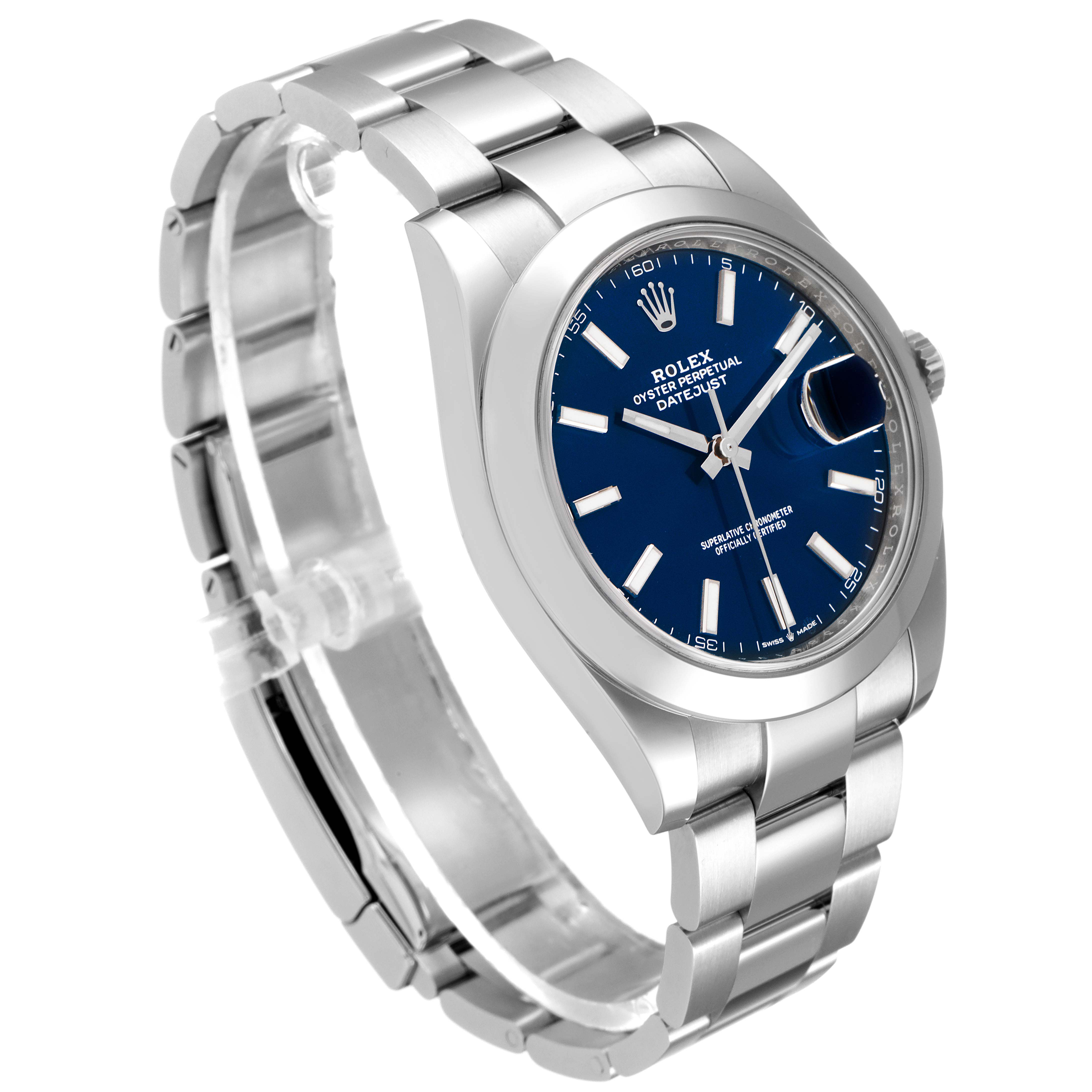 The image shows a Rolex Datejust 41 126300 Men
s Stainless Steel Blue Dial 126300 Men
s Stainless Steel Blue Dial watch angled to display the face, bracelet, and crown.