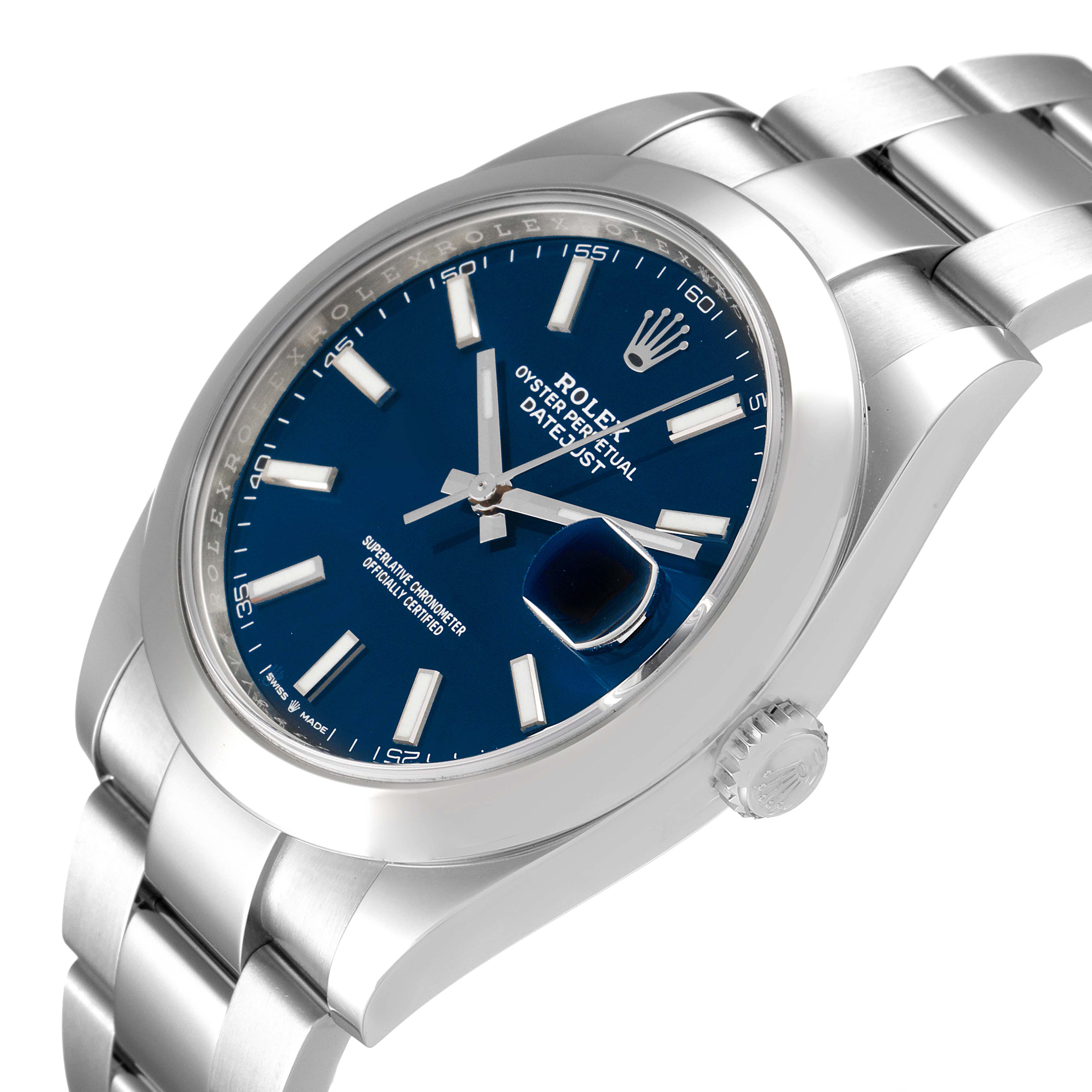 This image shows an angled view of the Rolex Datejust 41 126300 Men
s Stainless Steel Blue Dial 126300 Men
s Stainless Steel Blue Dial watch, highlighting its blue dial, hour markers, and a portion of the bracelet.