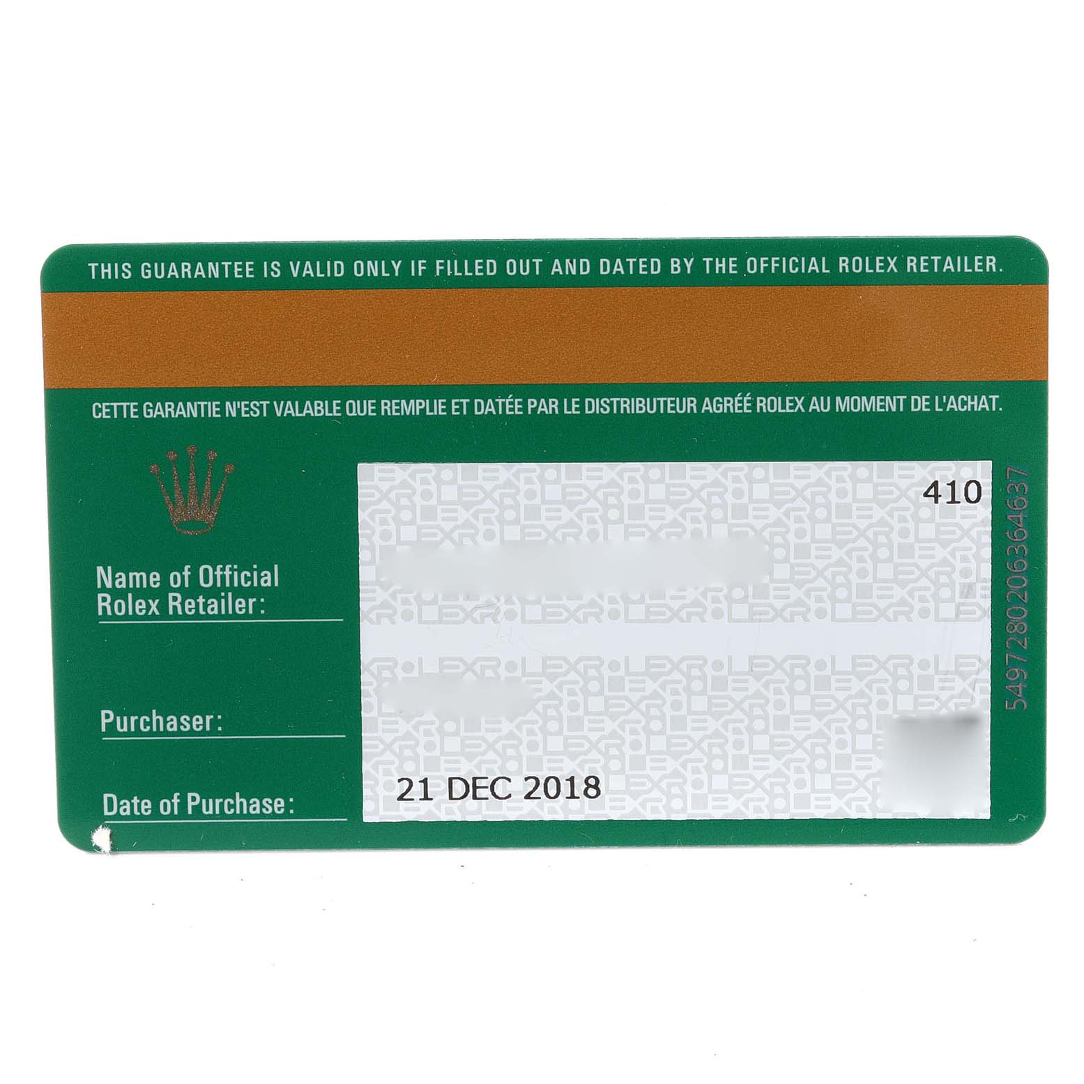 The image shows an official Rolex warranty card for the Datejust 41 model.