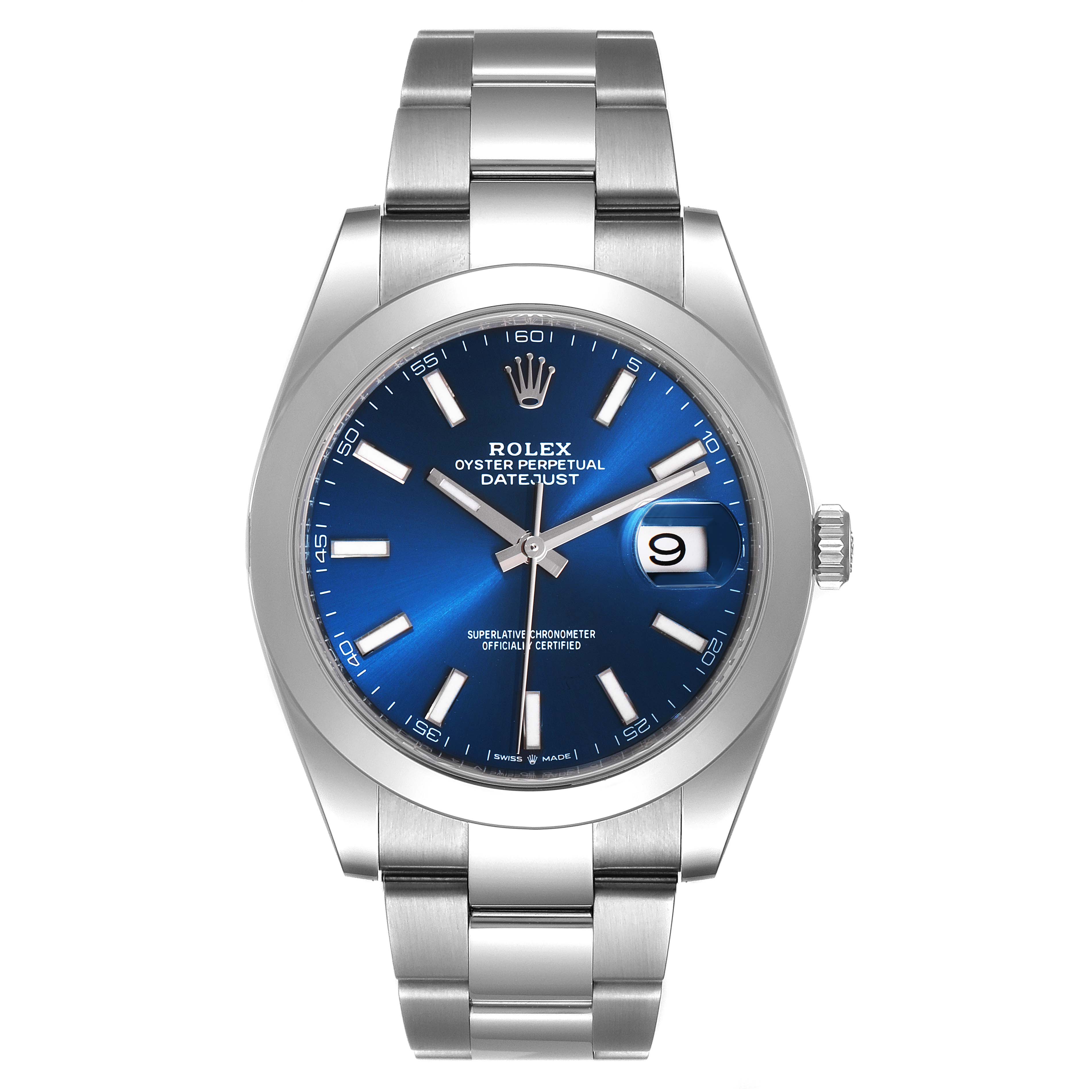 This is a head-on view of a Rolex Datejust 41 126300 Men
s Stainless Steel Blue Dial 126300 Men
s Stainless Steel Blue Dial watch with a blue dial and a stainless steel bracelet.