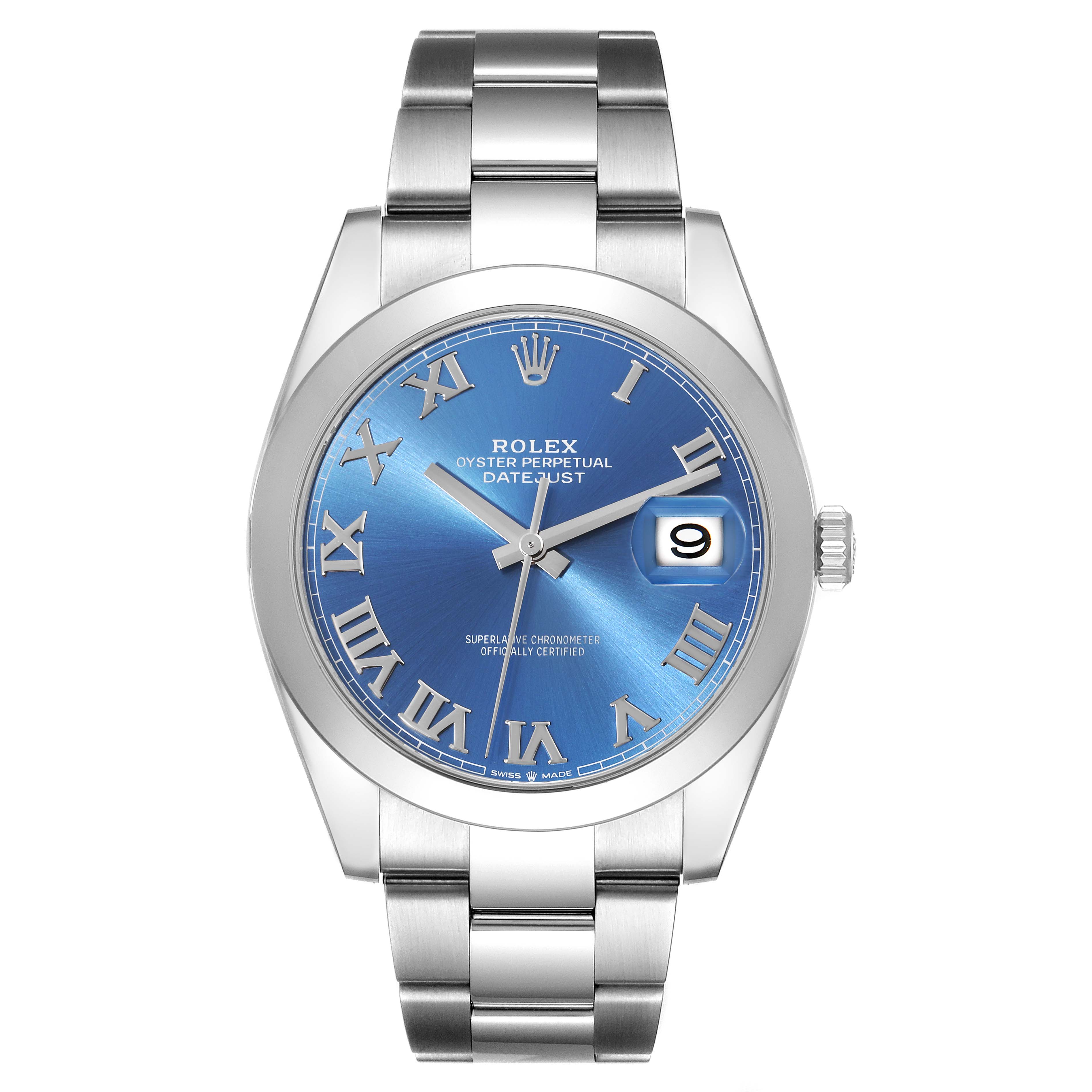 The image shows a Rolex Datejust 41 126300 Men
s Stainless Steel Blue Dial 126300 Men
s Stainless Steel Blue Dial watch from a top-down angle, showcasing the blue dial, Roman numerals, and bracelet.