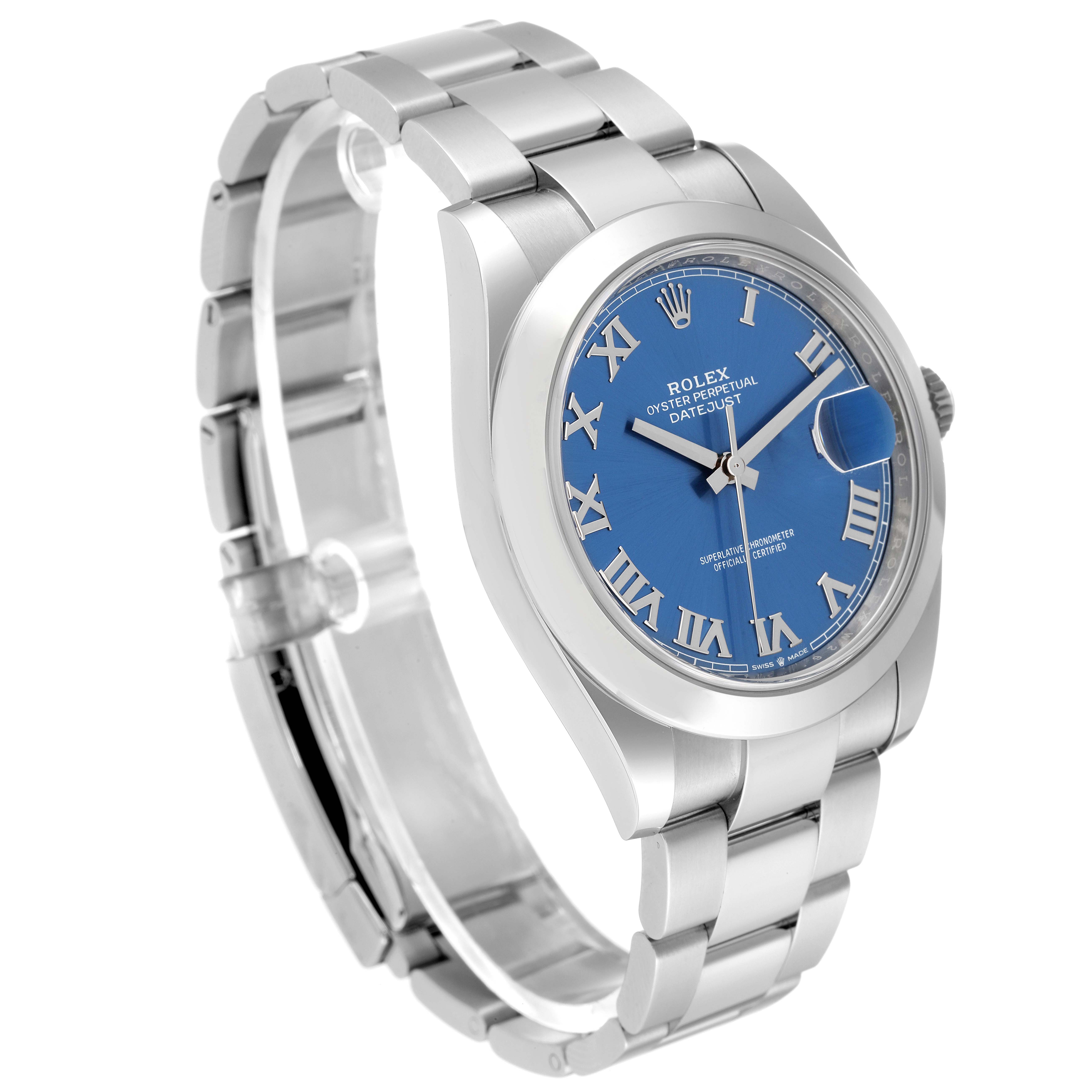 The image shows the Rolex Datejust 41 126300 Men
s Stainless Steel Blue Dial 126300 Men
s Stainless Steel Blue Dial watch at an angled view, highlighting the blue dial, Roman numerals, and stainless steel bracelet.
