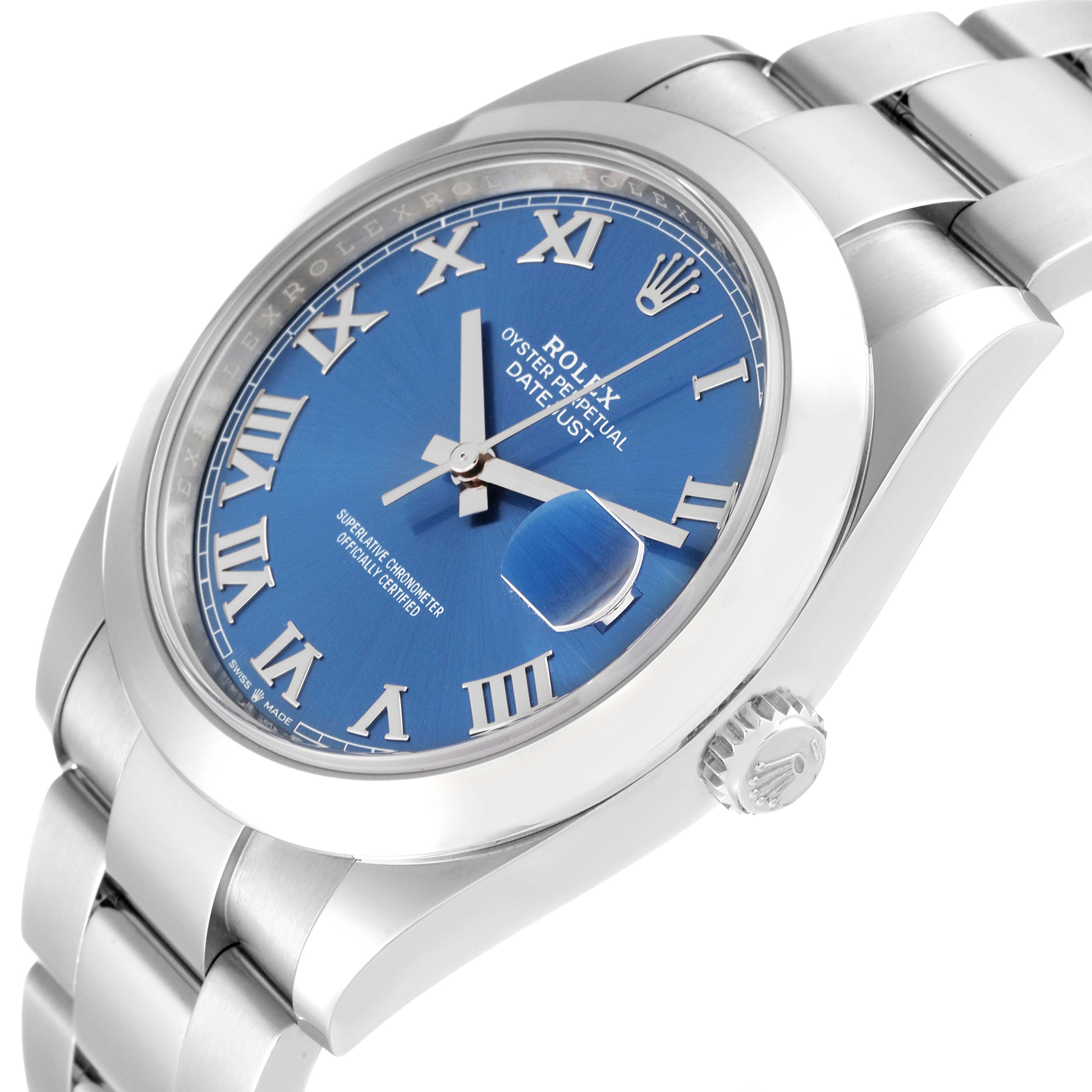 The image shows a Rolex Datejust 41 126300 Men
s Stainless Steel Blue Dial 126300 Men
s Stainless Steel Blue Dial watch from an angled side view, displaying its blue dial, Roman numerals, and bracelet.