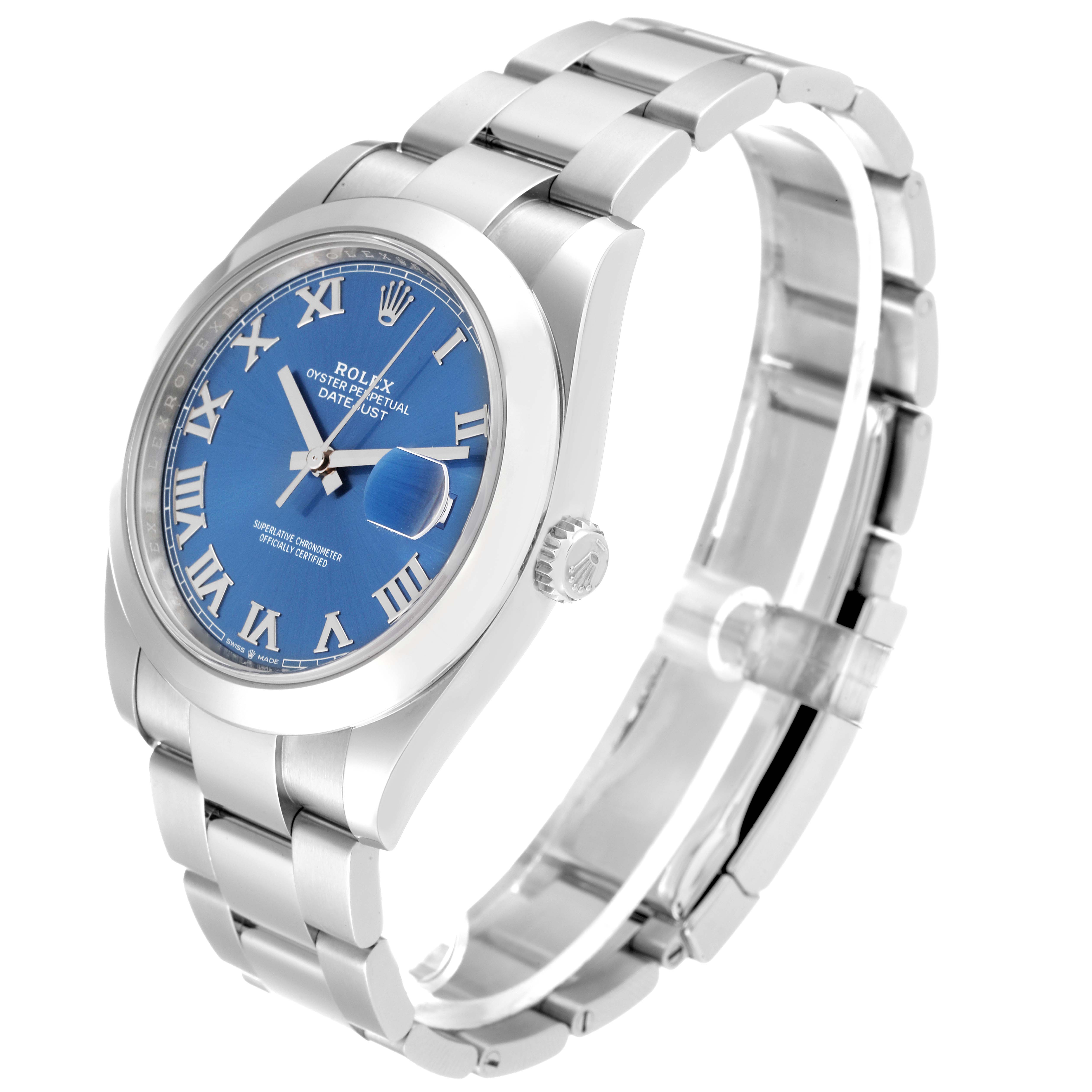 The Rolex Datejust 41 126300 Men
s Stainless Steel Blue Dial 126300 Men
s Stainless Steel Blue Dial watch is shown at a slight angle, displaying the blue dial, Roman numerals, and part of the stainless steel bracelet.