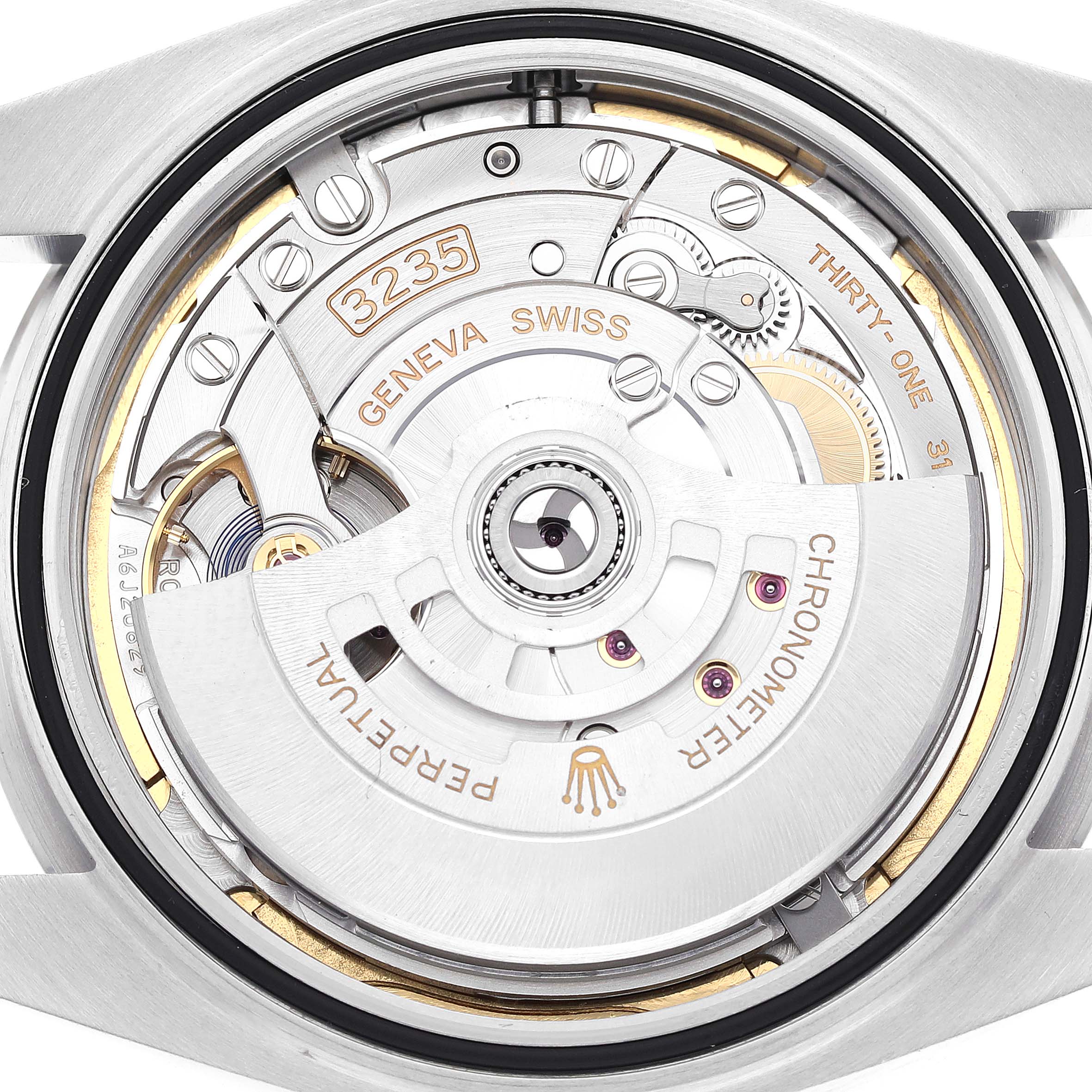 This image shows a close-up view of the movement mechanism of a Rolex Datejust 41 126300 Men
s Stainless Steel Blue Dial 126300 Men
s Stainless Steel Blue Dial watch.