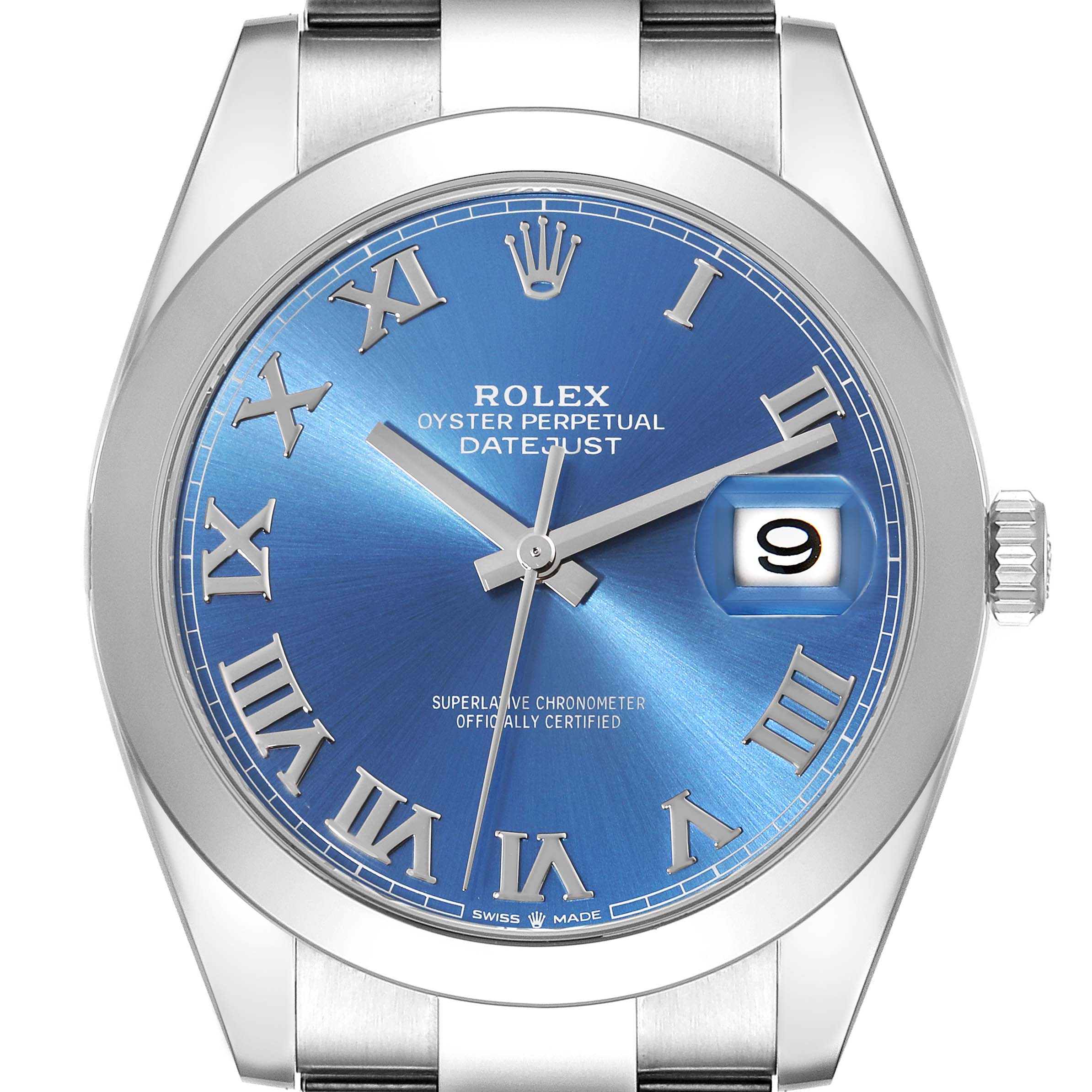 This image shows a front view of the Rolex Datejust 41 126300 Men
s Stainless Steel Blue Dial 126300 Men
s Stainless Steel Blue Dial watch, highlighting its blue dial, Roman numerals, and date window.