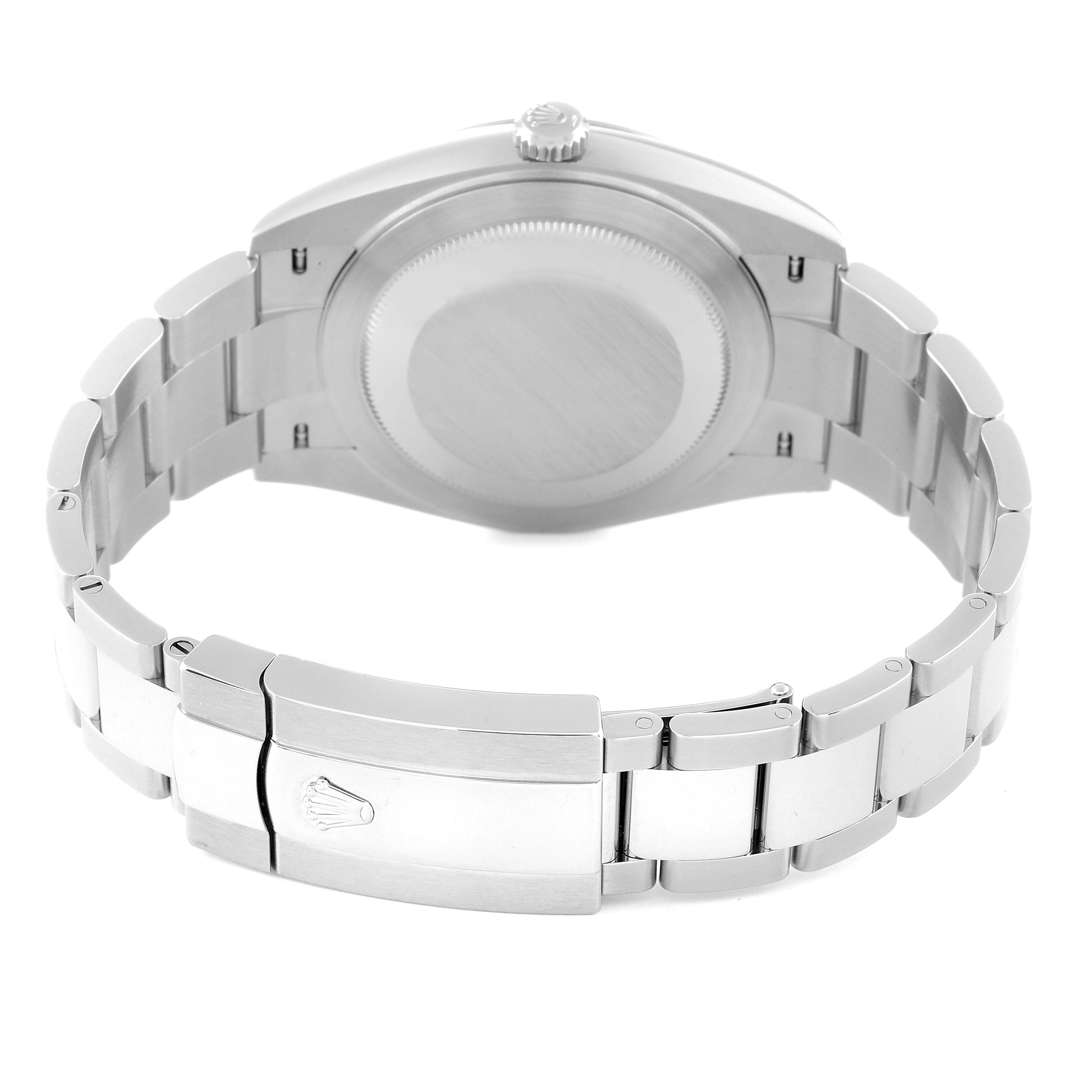 The image shows a rear view of the Rolex Datejust 41 126300 Men
s Stainless Steel Blue Dial 126300 Men
s Stainless Steel Blue Dial, focusing on its case back and metal bracelet clasp.