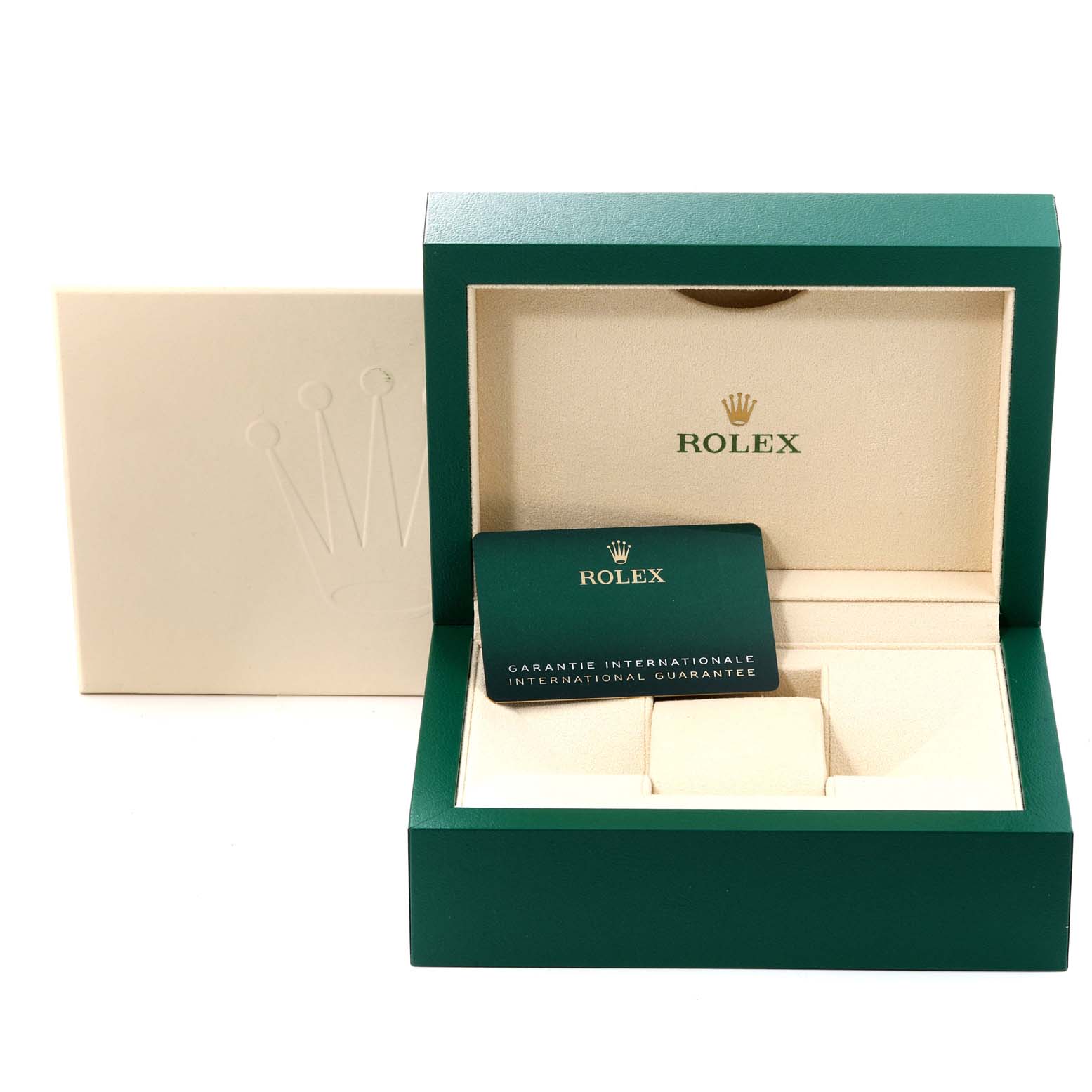The image shows the open luxury box and warranty card for the Rolex Datejust 41 126300 Men
s Stainless Steel Blue Dial 126300 Men
s Stainless Steel Blue Dial watch model.