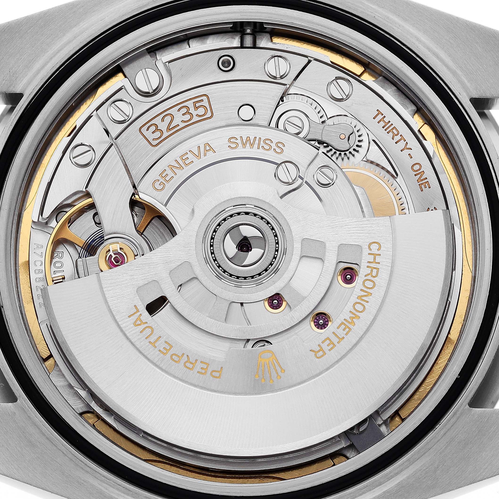 The image shows the intricate inner mechanism of a Rolex Datejust 41 126300 Men
s Stainless Steel Blue Dial 126300 Men
s Stainless Steel Blue Dial, viewed from the back.