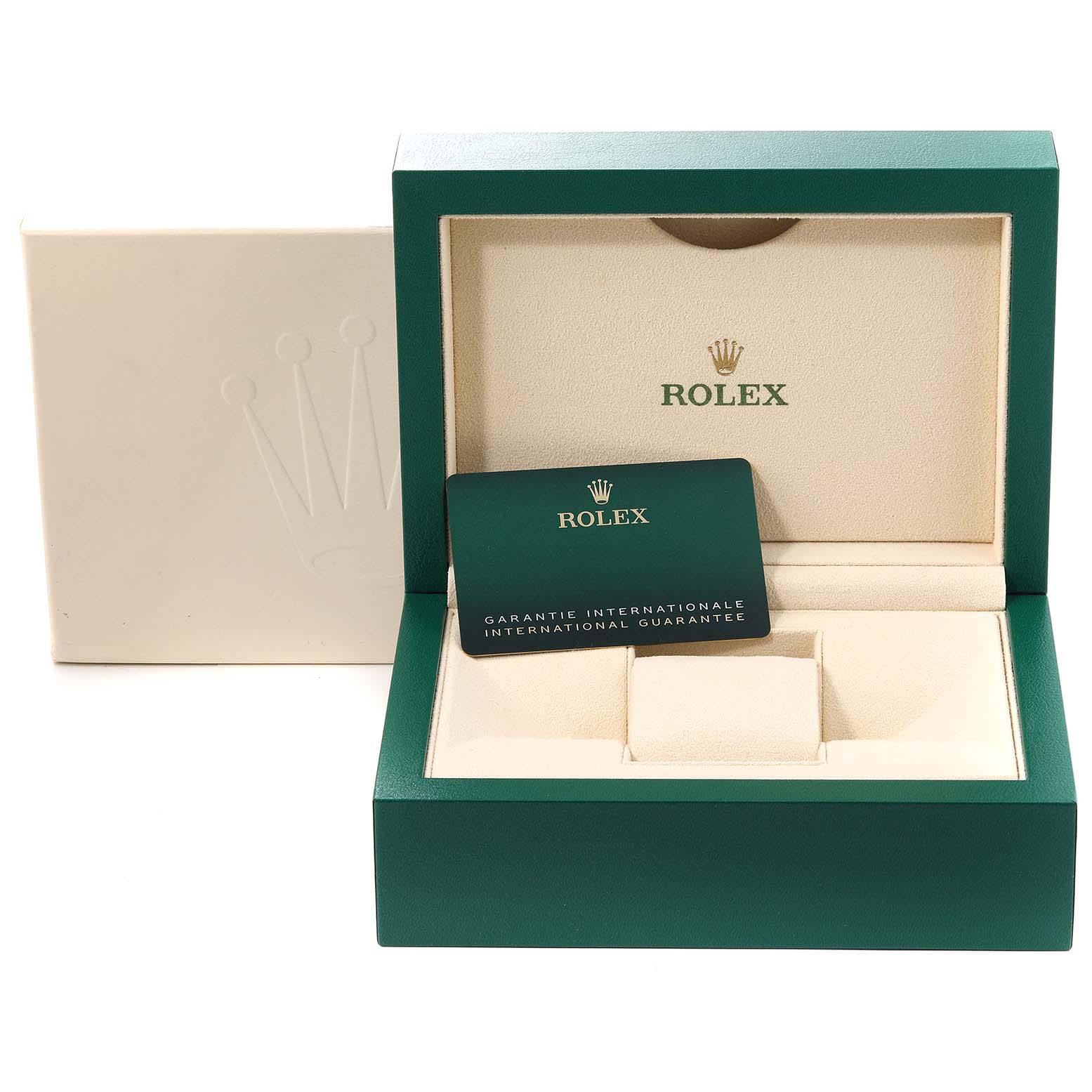 The image shows a Rolex Datejust 41 126300 Men
s Stainless Steel Blue Dial 126300 Men
s Stainless Steel Blue Dial model watch box with a guarantee card inside the open green and beige box.